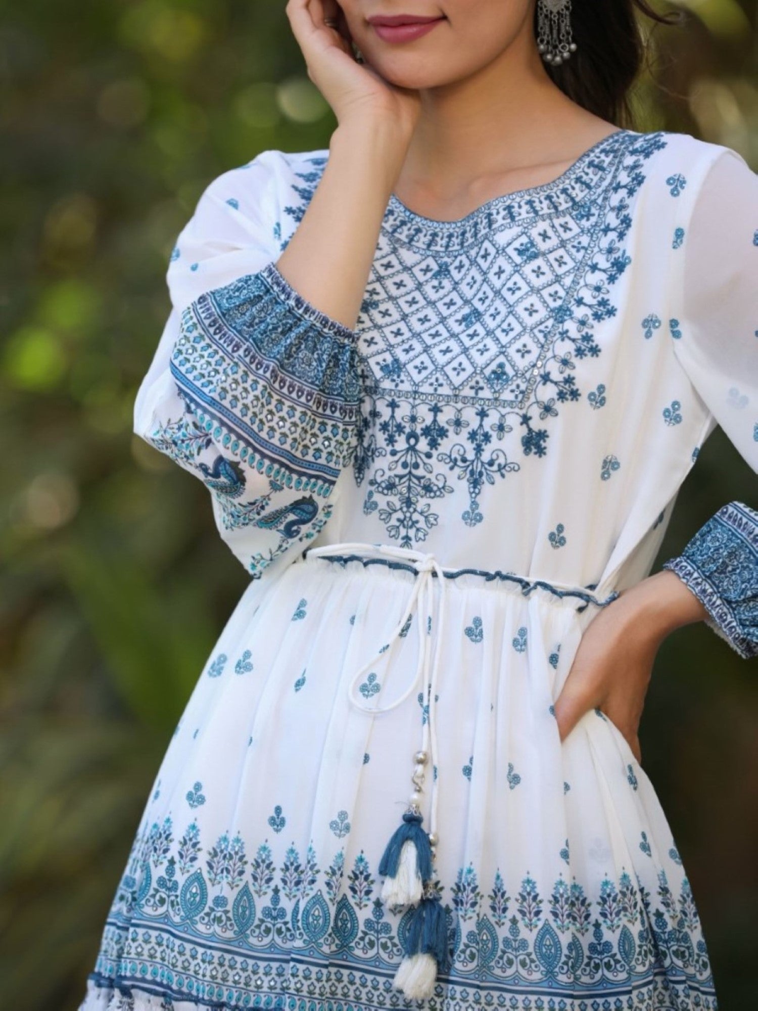 Juniper Women Off-White Georgette Printed Short Tiered Dress with Embroidered Yoke