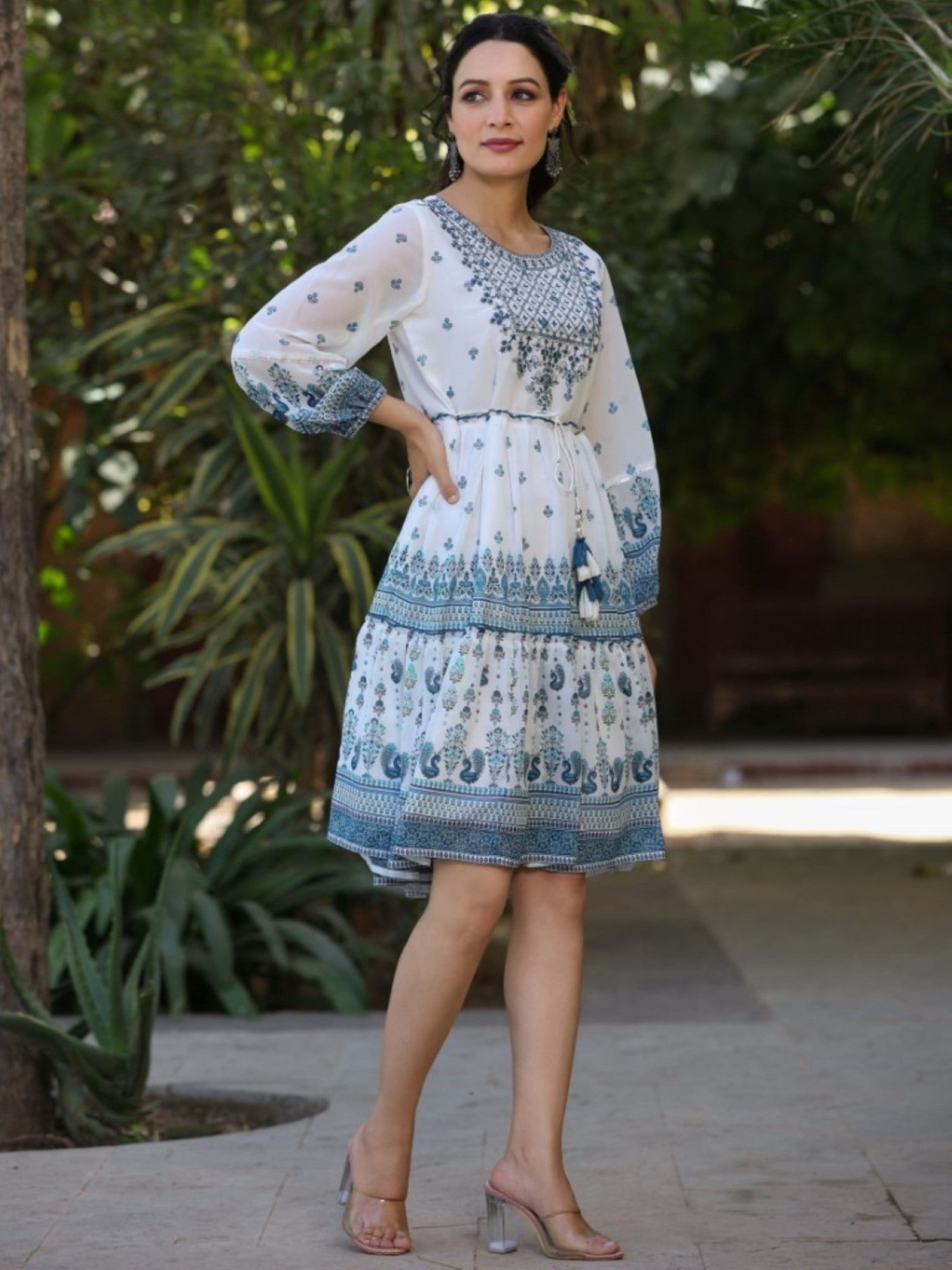Juniper Women Off-White Georgette Printed Short Tiered Dress with Embroidered Yoke