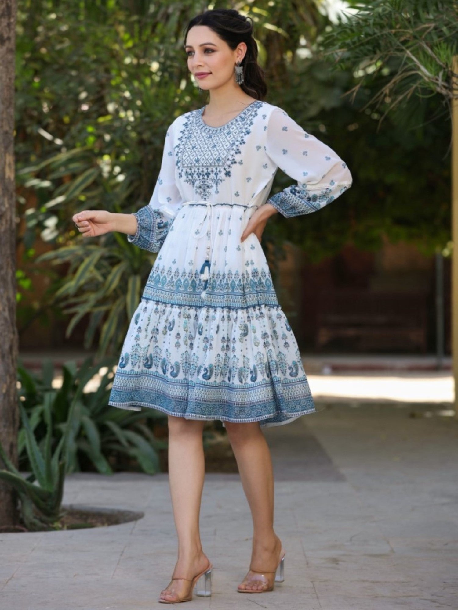 Juniper Women Off-White Georgette Printed Short Tiered Dress with Embroidered Yoke