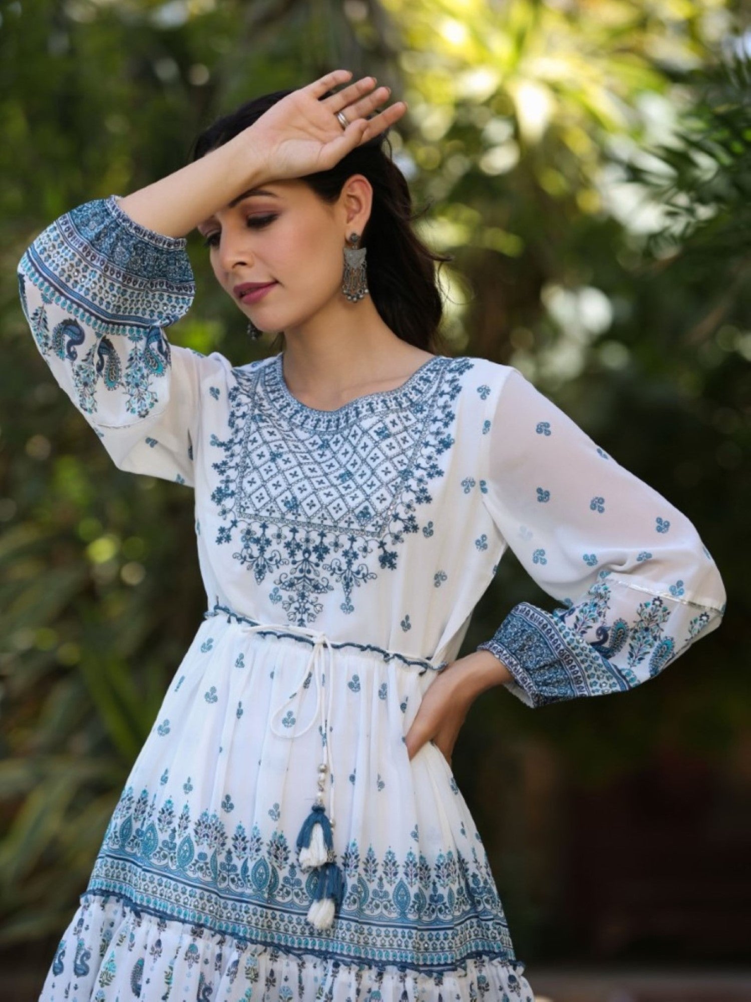 Juniper Women Off-White Georgette Printed Short Tiered Dress with Embroidered Yoke