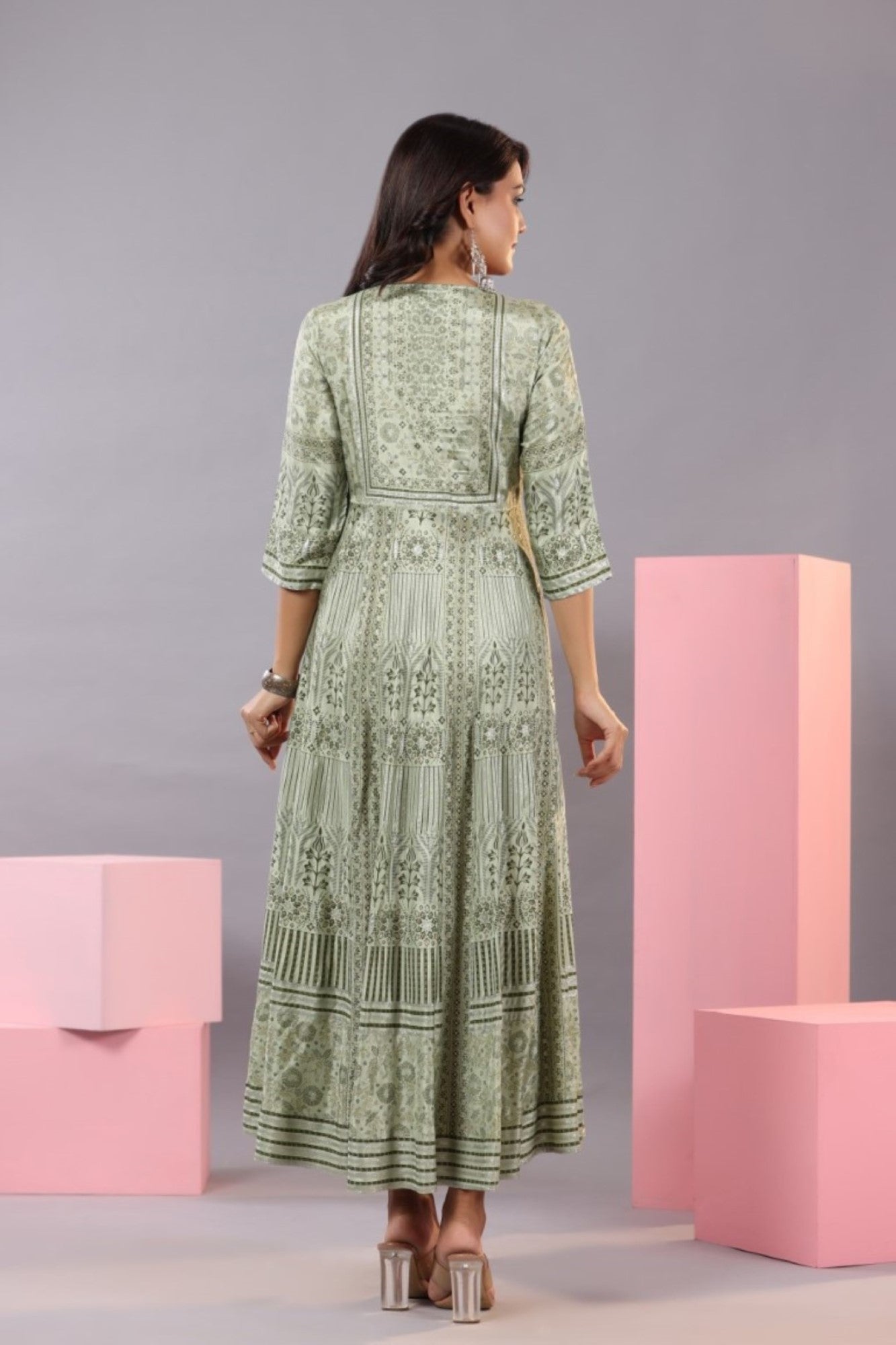 Juniper Women Olive Green Shantoon Floral Printed Maxi Dress