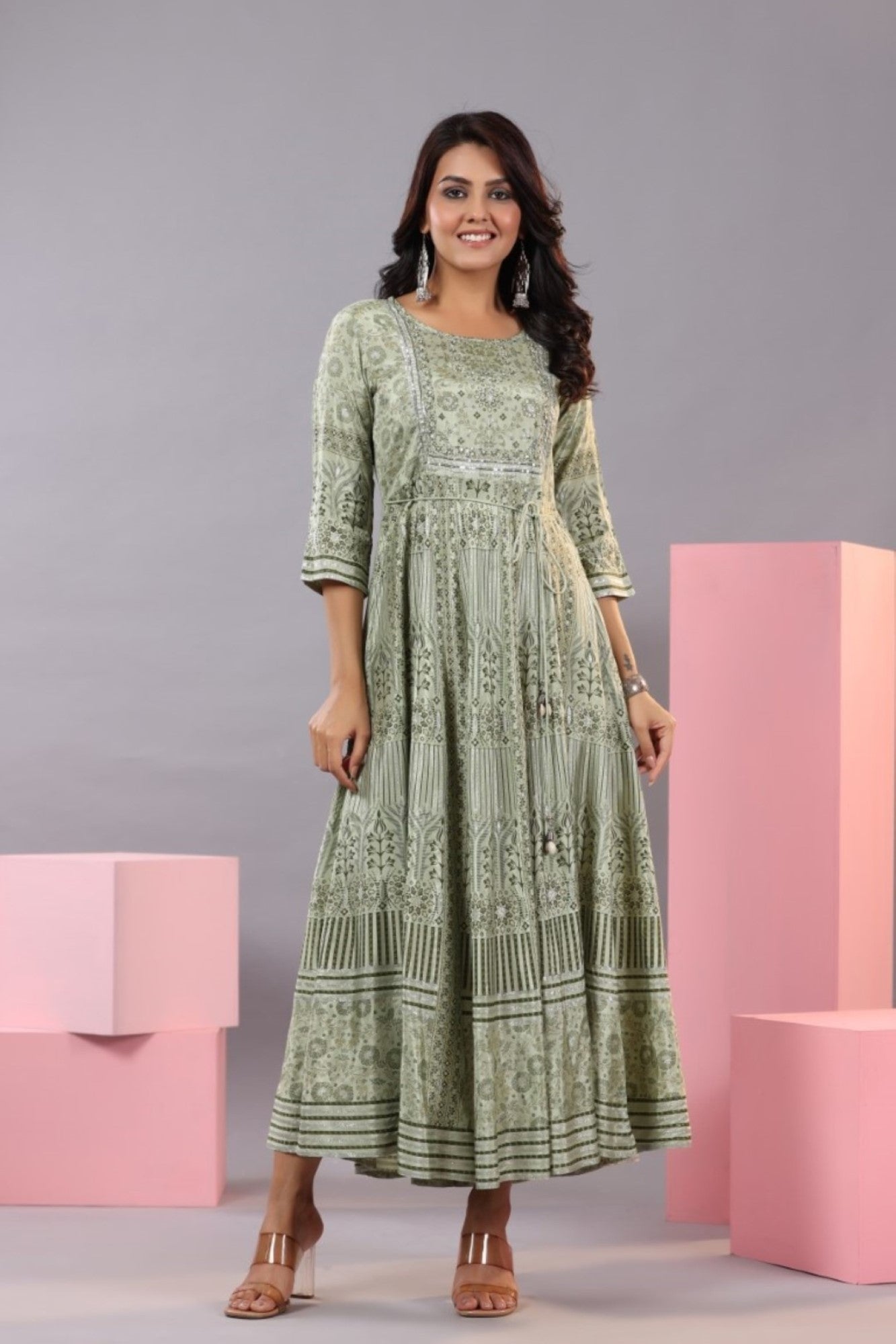 Juniper Women Olive Green Shantoon Floral Printed Maxi Dress