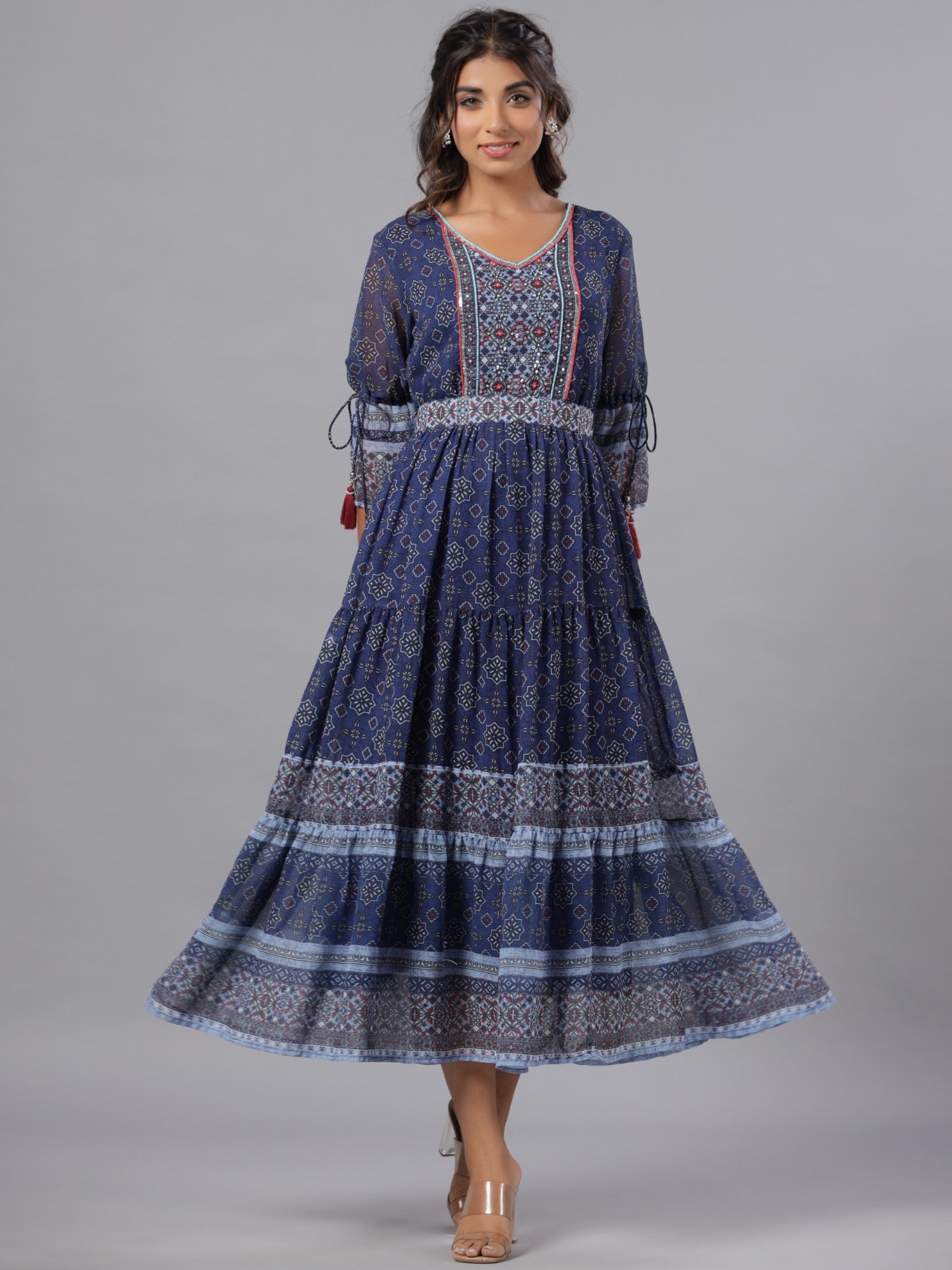 Juniper Women Navy Blue Georgette Geometric Printed Tiered Maxi Dress