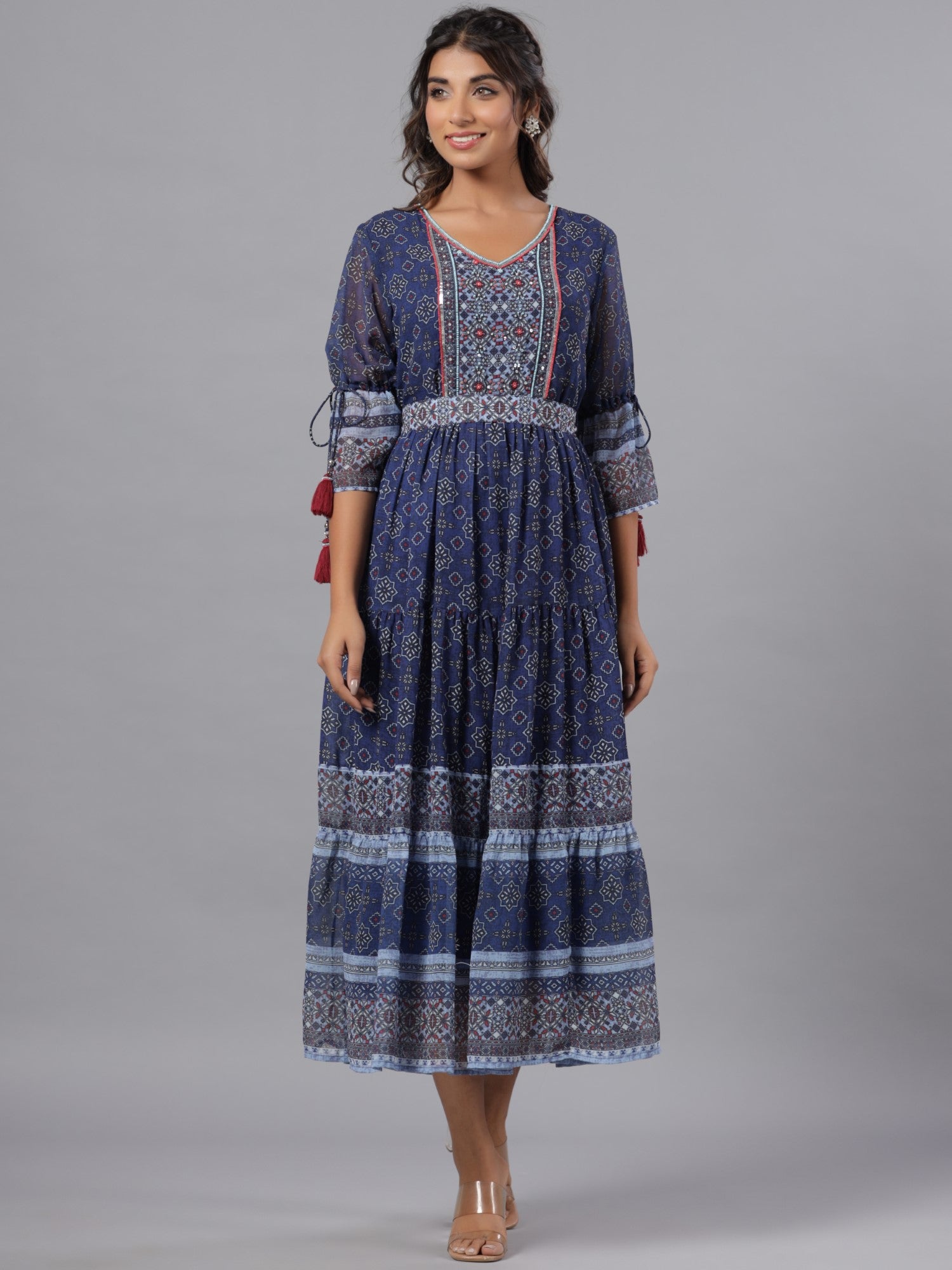 Juniper Women Navy Blue Georgette Geometric Printed Tiered Maxi Dress