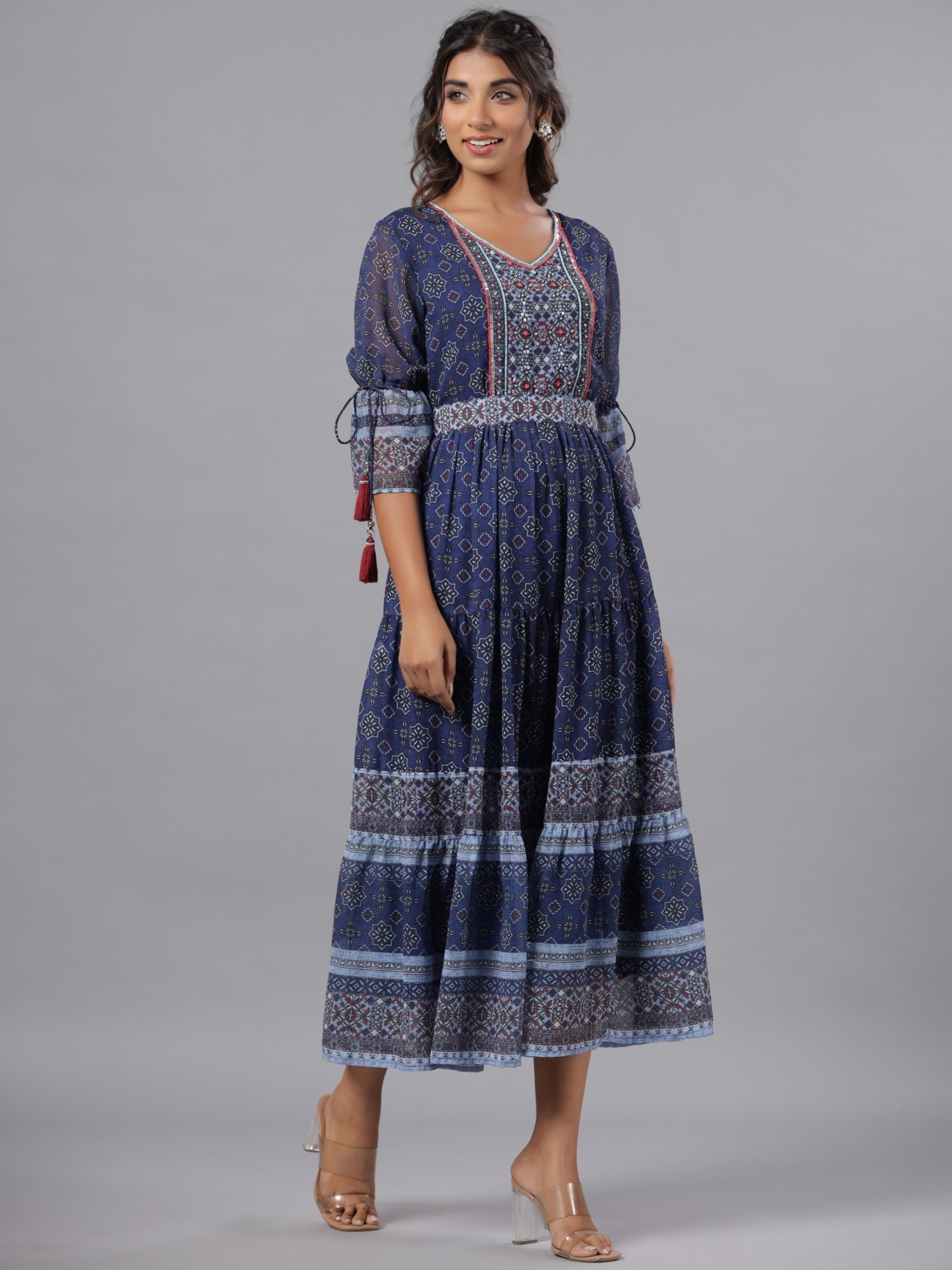 Juniper Women Navy Blue Georgette Geometric Printed Tiered Maxi Dress