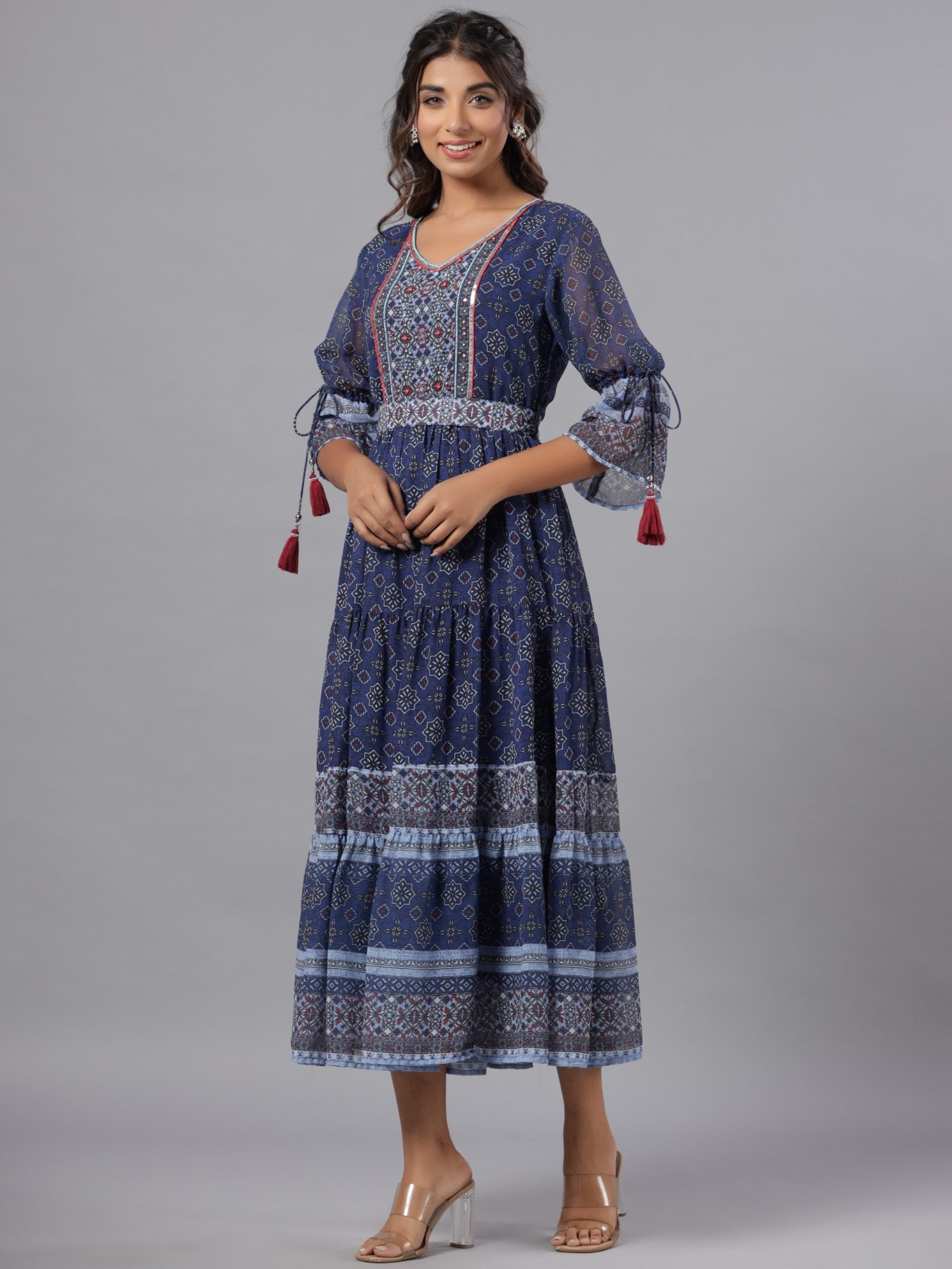 Juniper Women Navy Blue Georgette Geometric Printed Tiered Maxi Dress