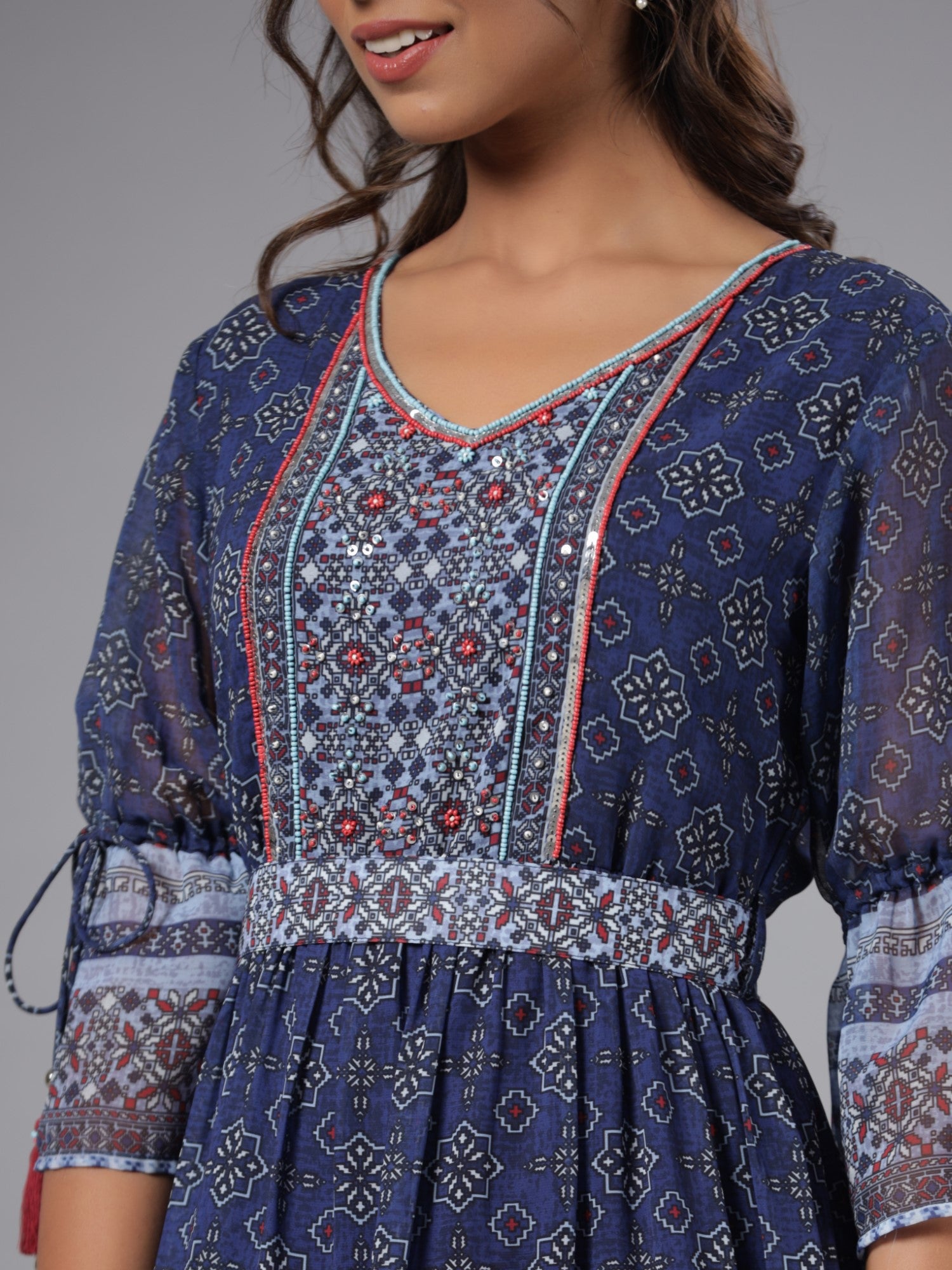 Juniper Women Navy Blue Georgette Geometric Printed Tiered Maxi Dress