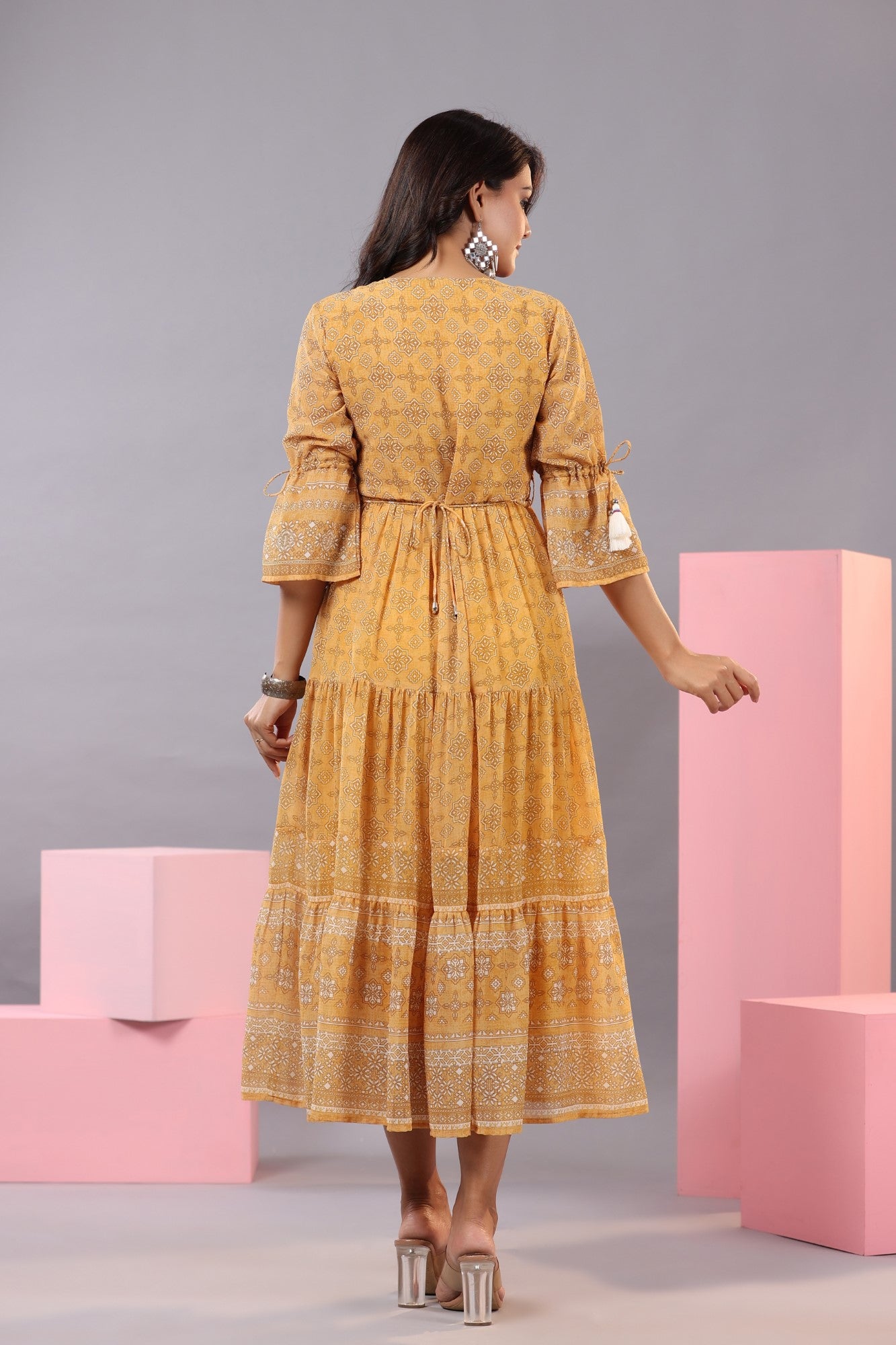 Juniper Women Yellow Georgette Geometric Printed Tiered Maxi Dress