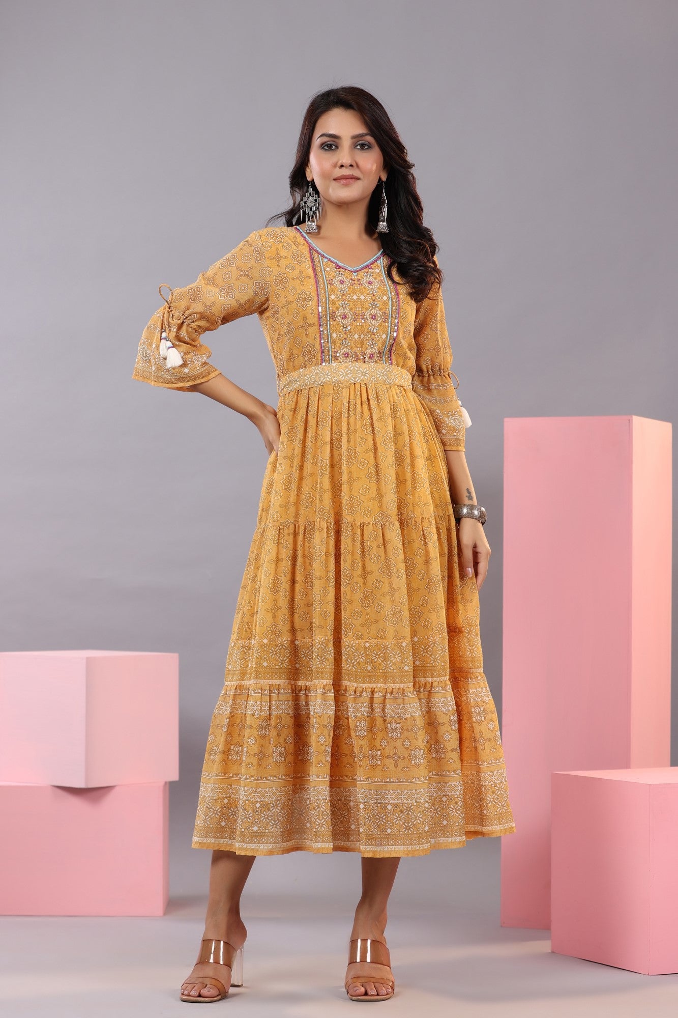 Juniper Women Yellow Georgette Geometric Printed Tiered Maxi Dress