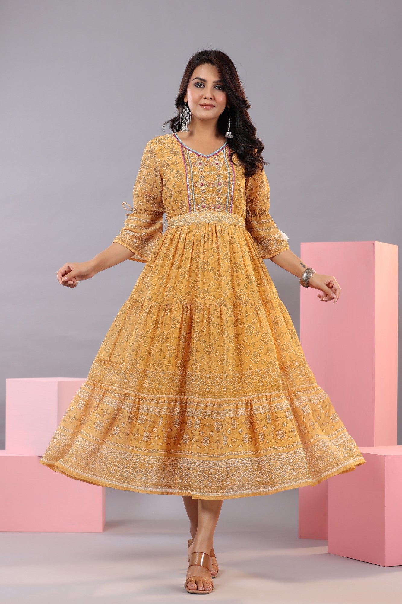 Juniper Women Yellow Georgette Geometric Printed Tiered Maxi Dress