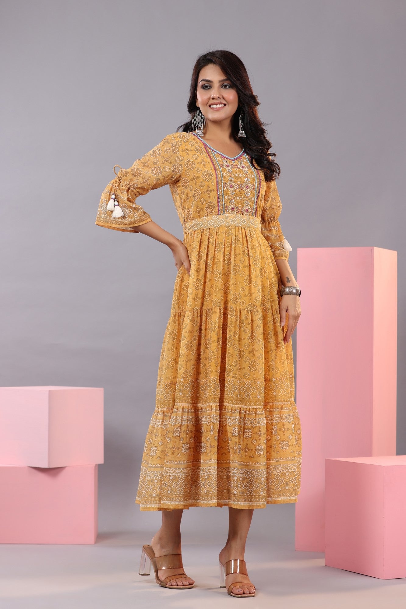 Juniper Women Yellow Georgette Geometric Printed Tiered Maxi Dress