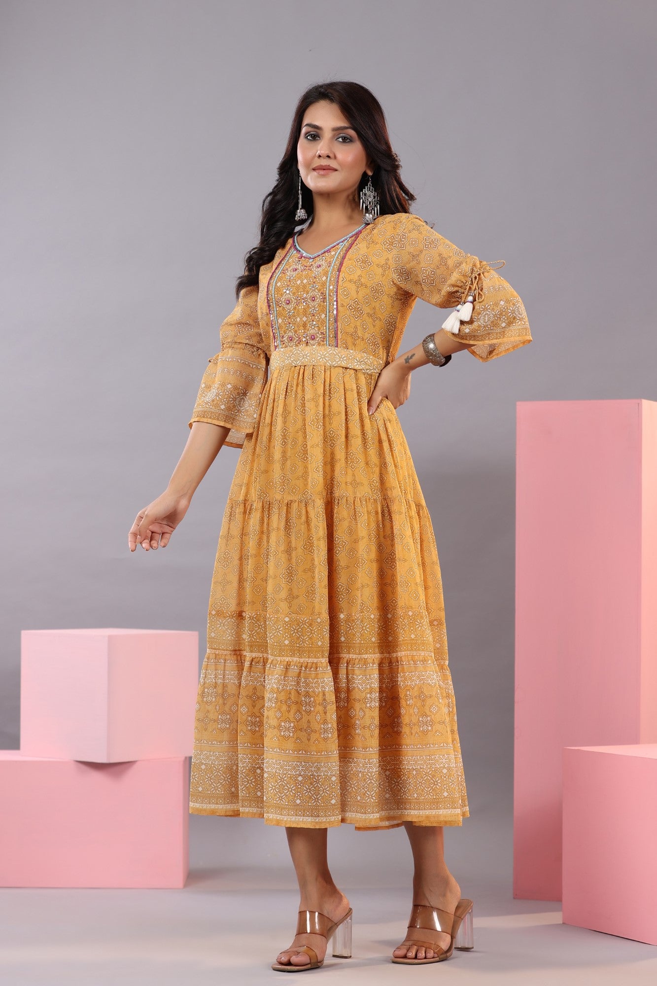 Juniper Women Yellow Georgette Geometric Printed Tiered Maxi Dress