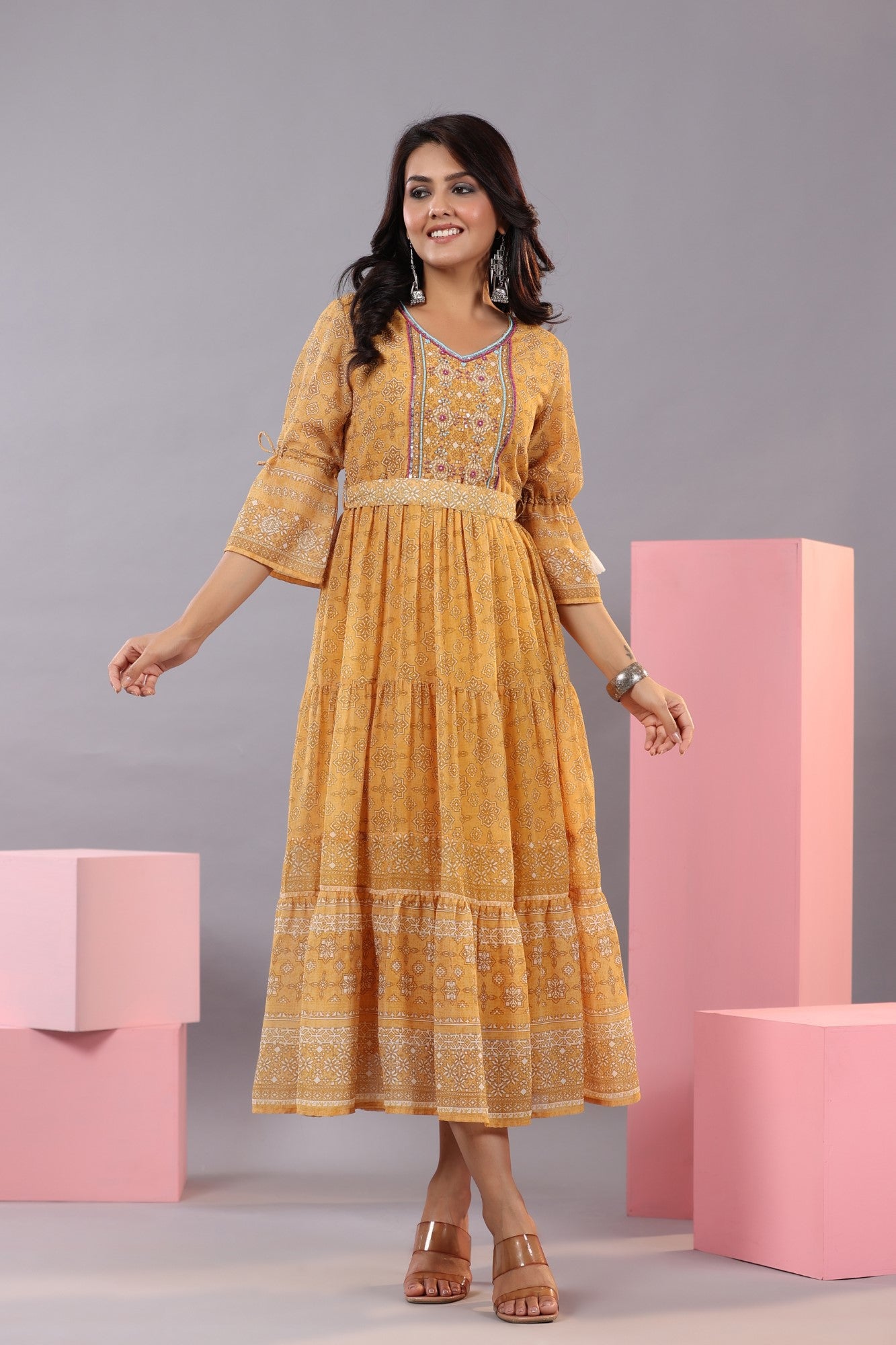 Juniper Women Yellow Georgette Geometric Printed Tiered Maxi Dress