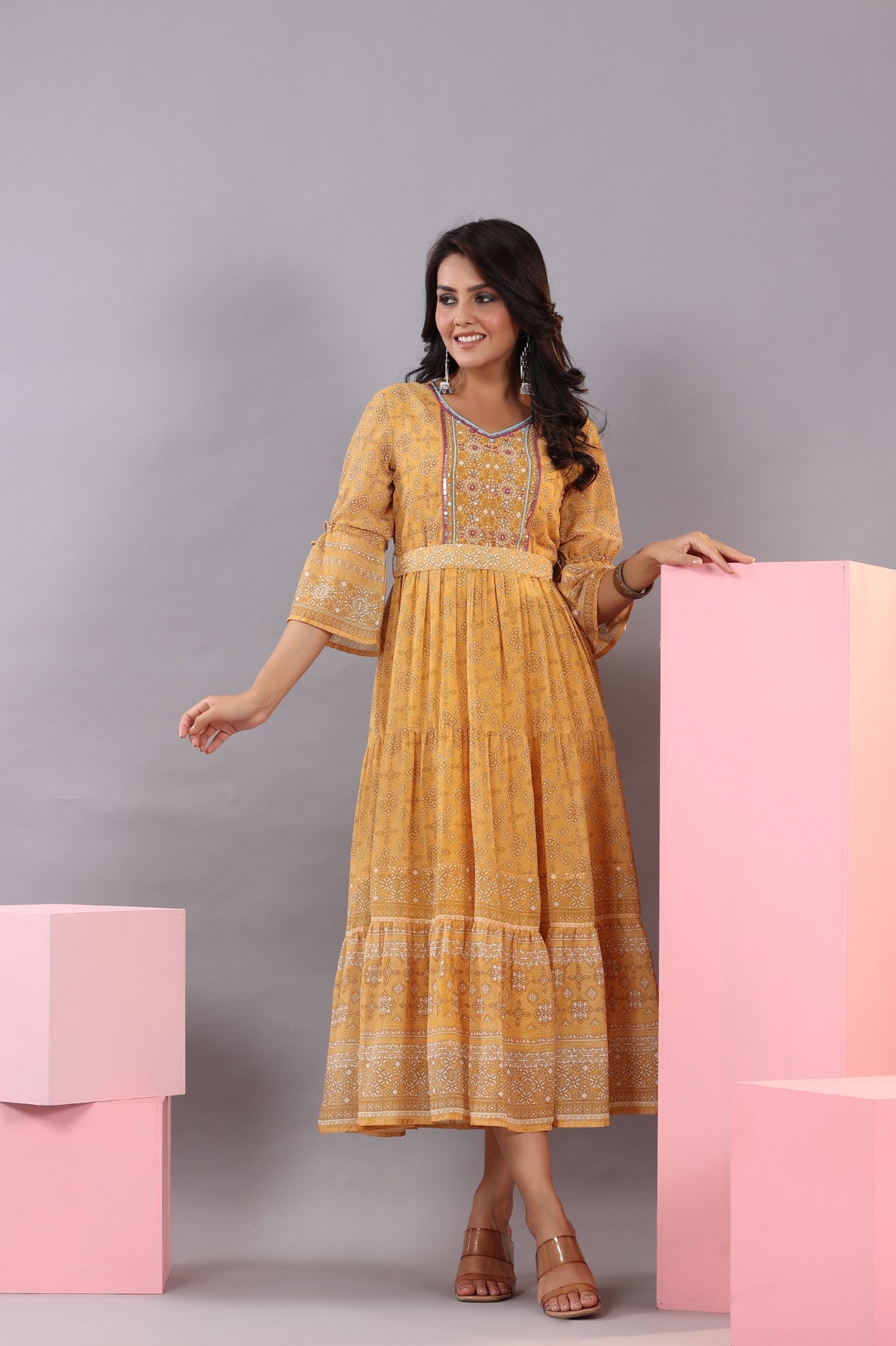 Juniper Women Yellow Georgette Geometric Printed Tiered Maxi Dress
