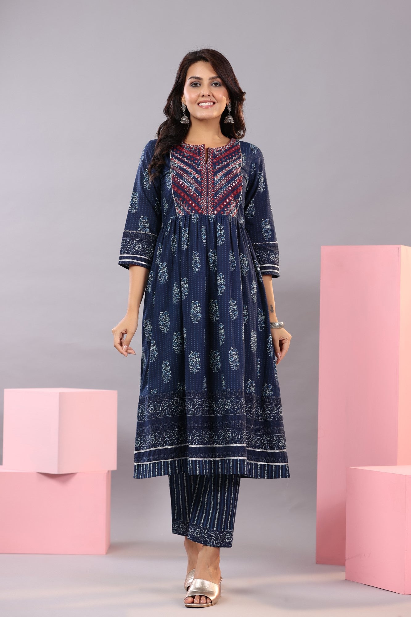 Juniper Women Indigo Cotton Cambric Batik texture Printed Kurta, Pants and Dupatta Set