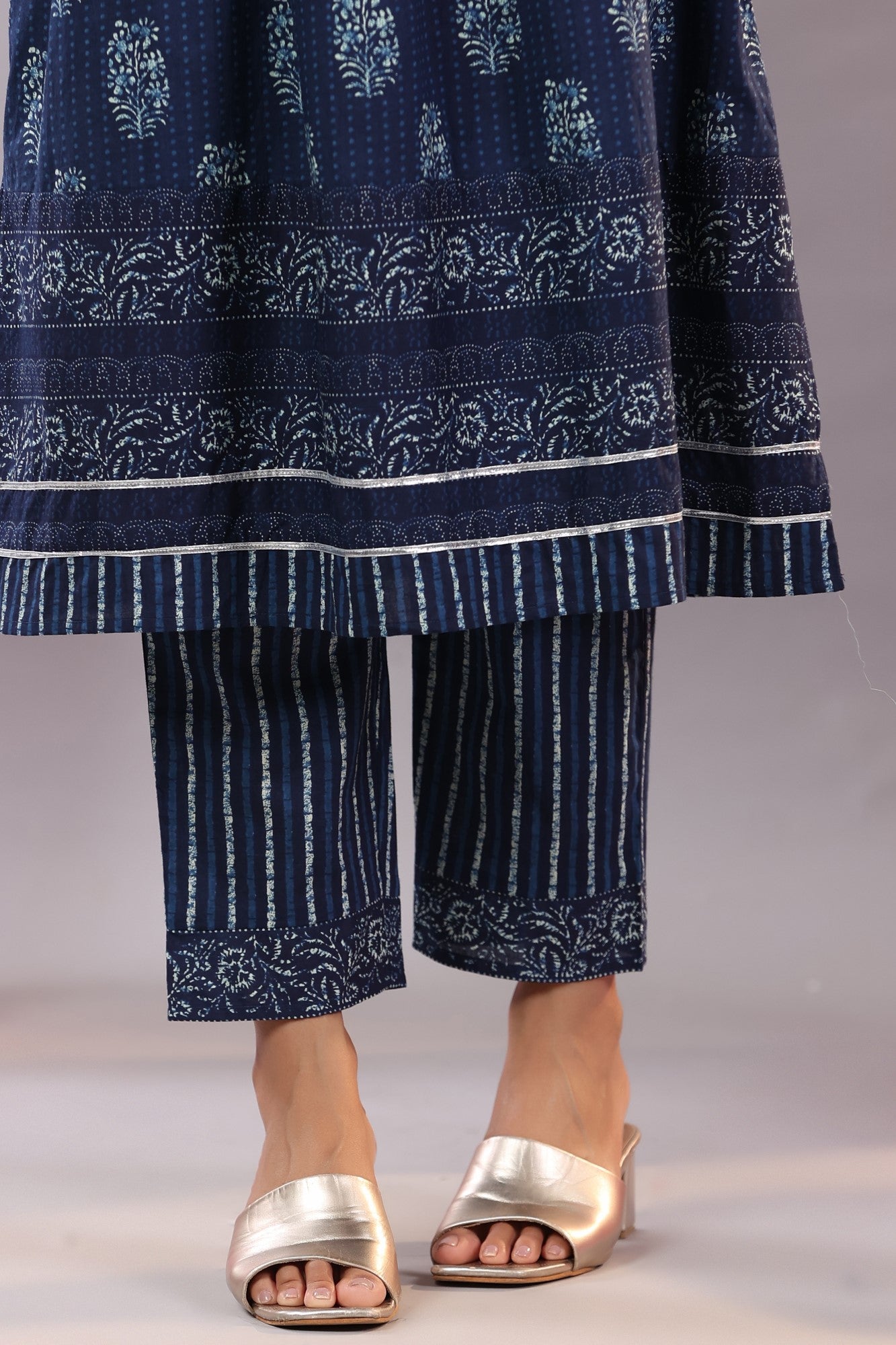 Juniper Women Indigo Cotton Cambric Batik texture Printed Kurta, Pants and Dupatta Set