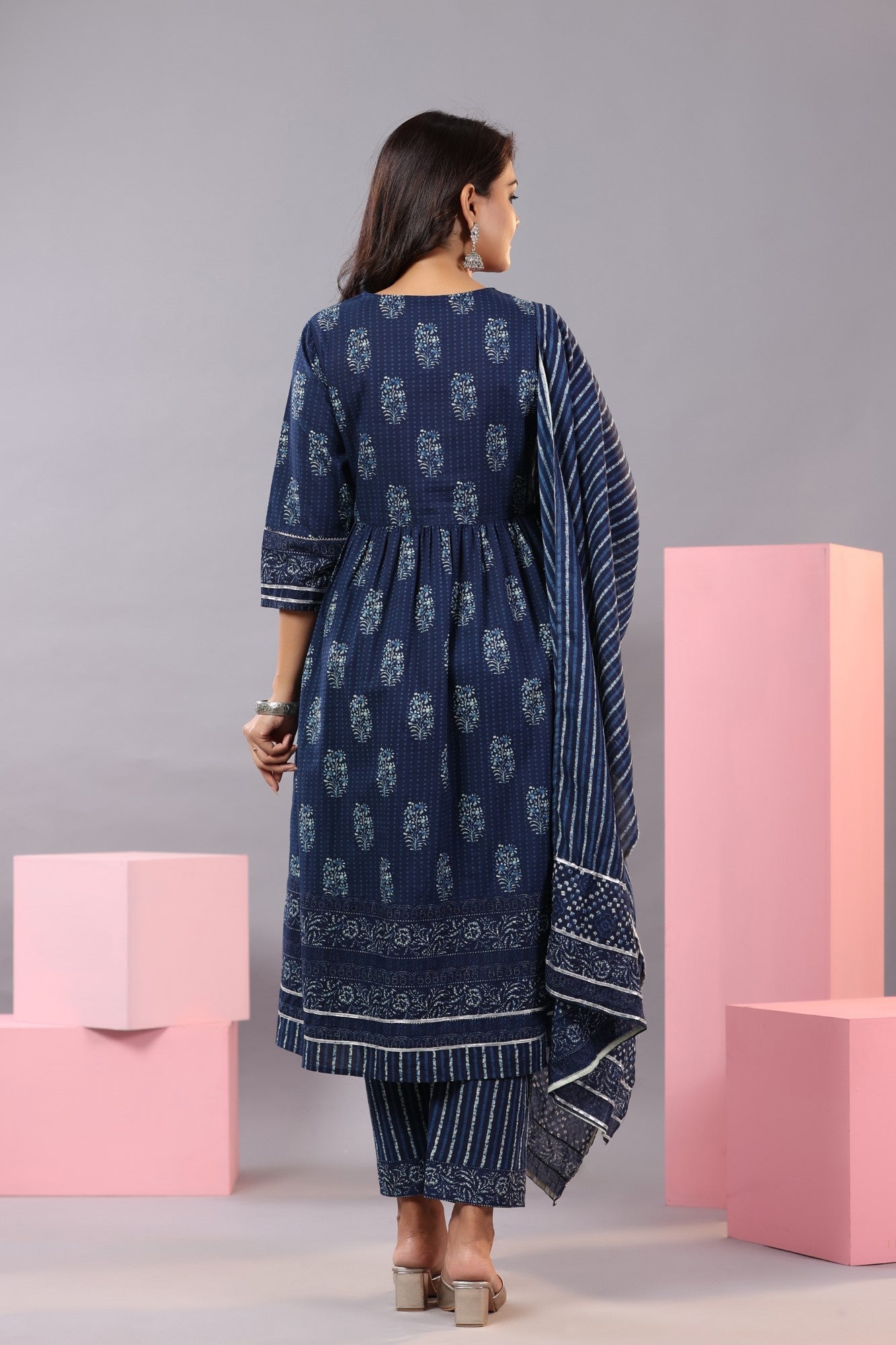 Juniper Women Indigo Cotton Cambric Batik texture Printed Kurta, Pants and Dupatta Set