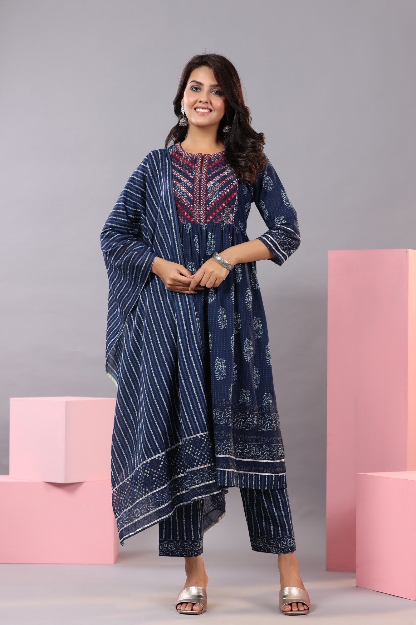 Juniper Women Indigo Cotton Cambric Batik texture Printed Kurta, Pants and Dupatta Set