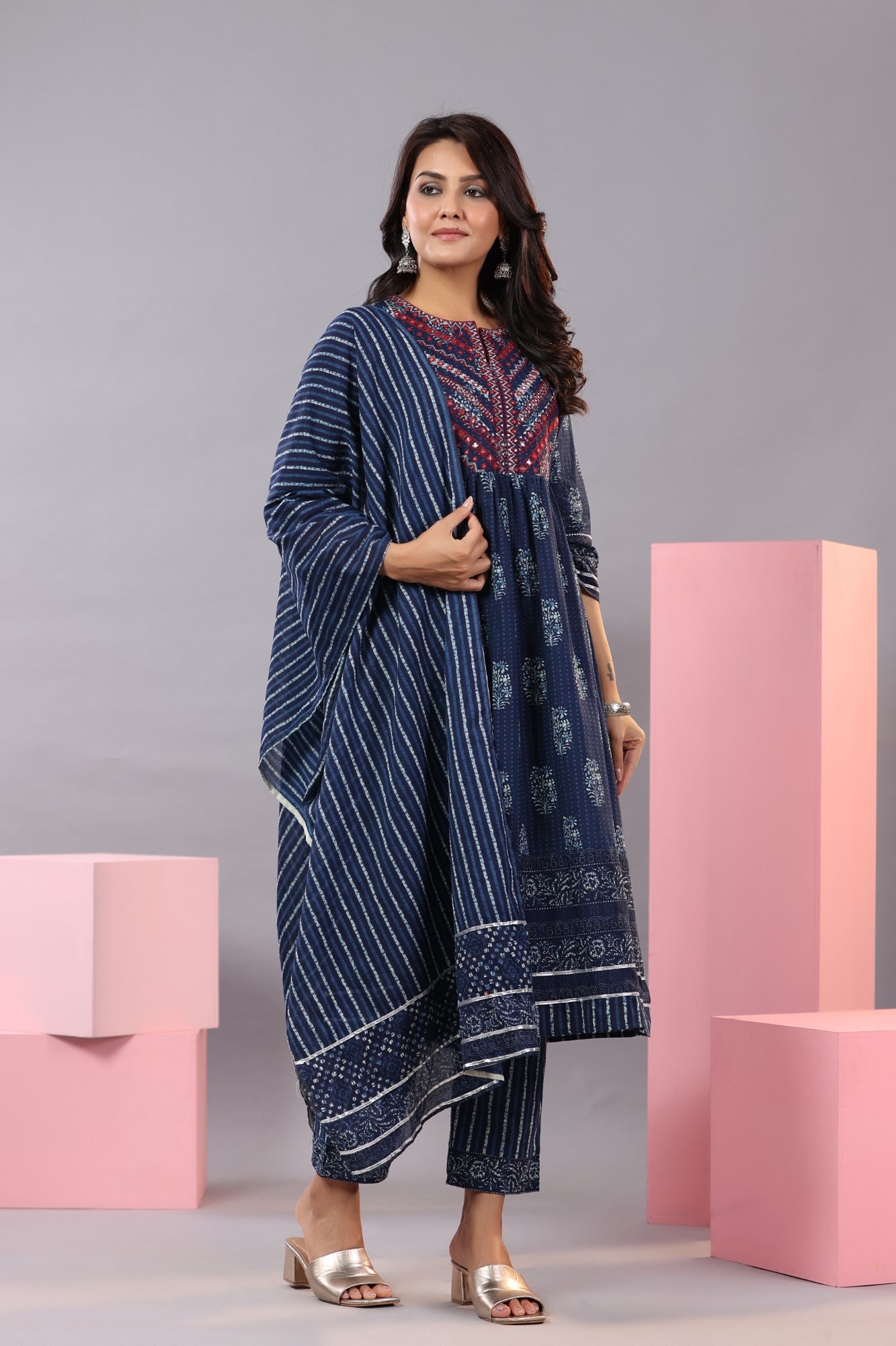 Juniper Women Indigo Cotton Cambric Batik texture Printed Kurta, Pants and Dupatta Set