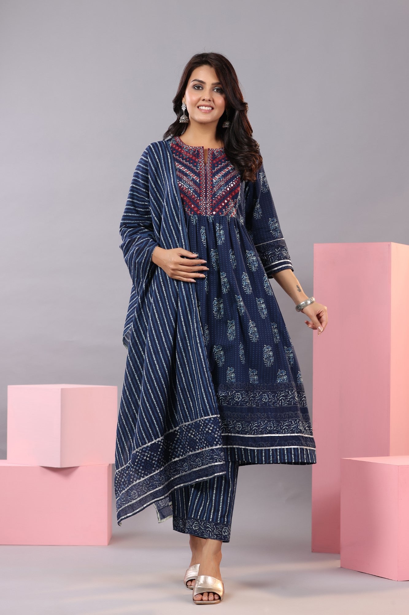 Juniper Women Indigo Cotton Cambric Batik texture Printed Kurta, Pants and Dupatta Set