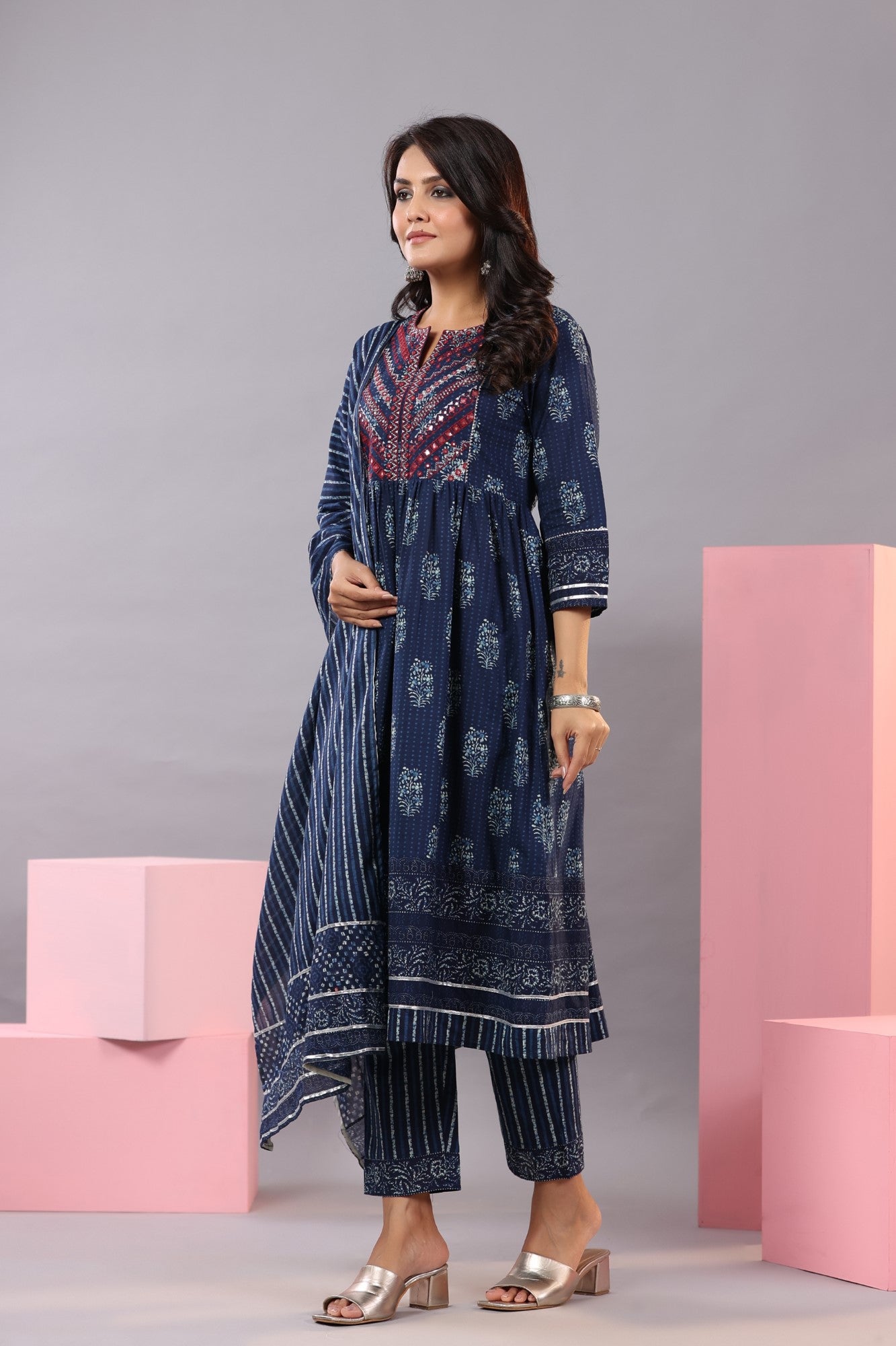 Juniper Women Indigo Cotton Cambric Batik texture Printed Kurta, Pants and Dupatta Set