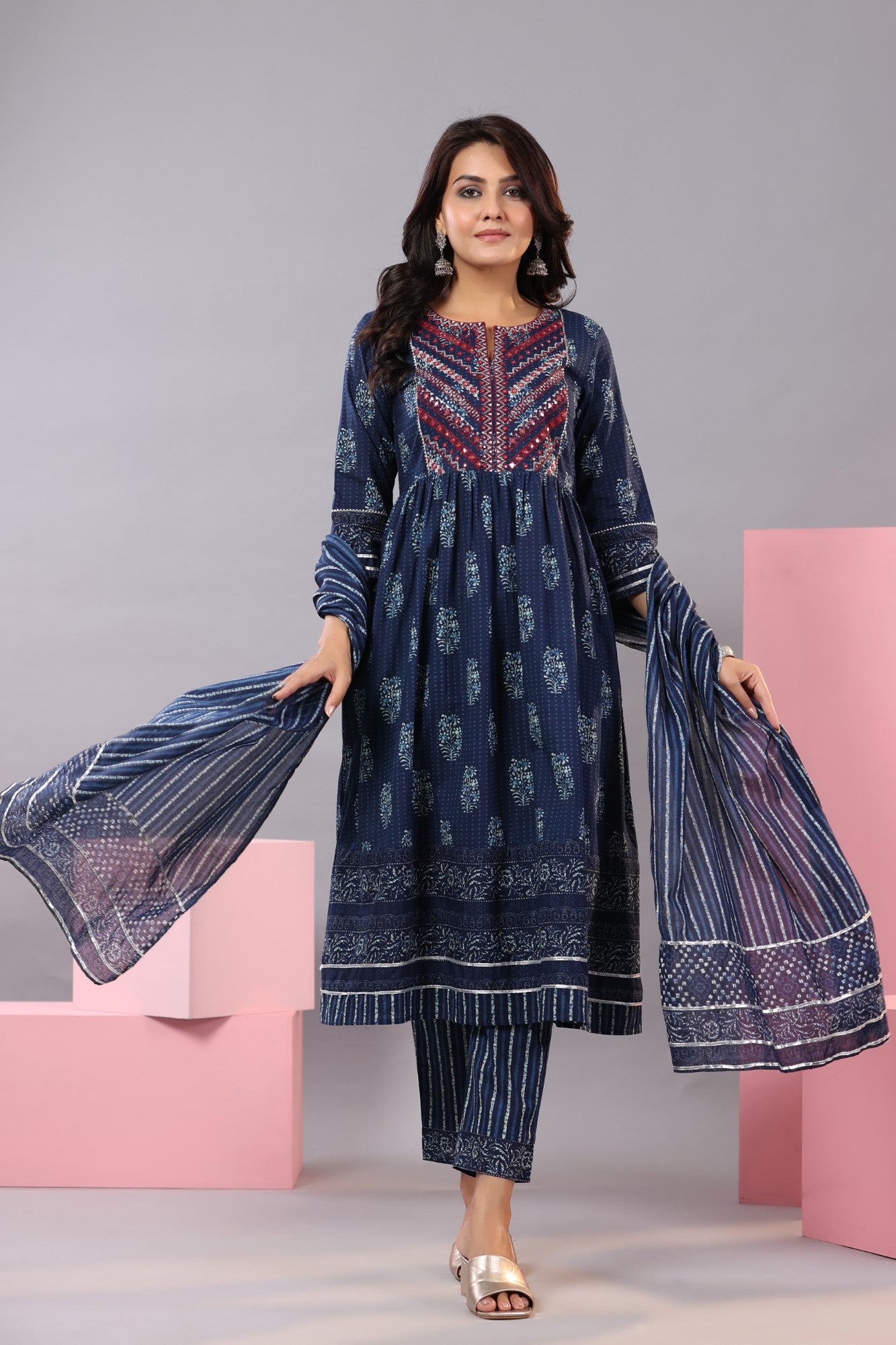 Juniper Women Indigo Cotton Cambric Batik texture Printed Kurta, Pants and Dupatta Set