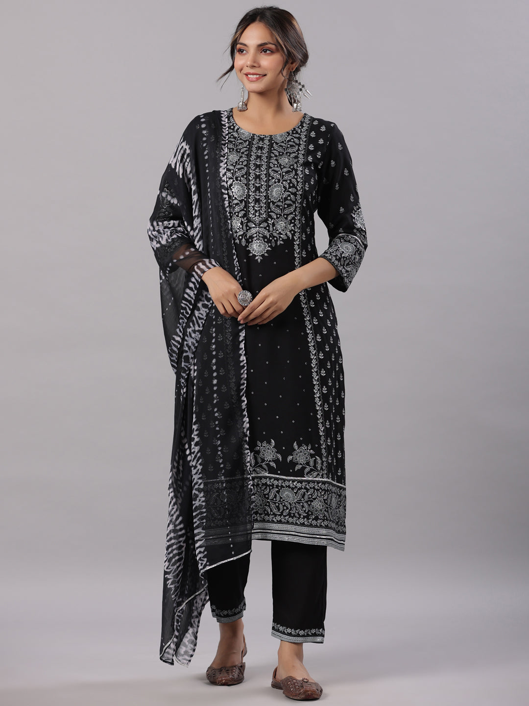 Juniper Women Black LIVA Kalamkari Printed Kurta, Pants and Dupatta Set