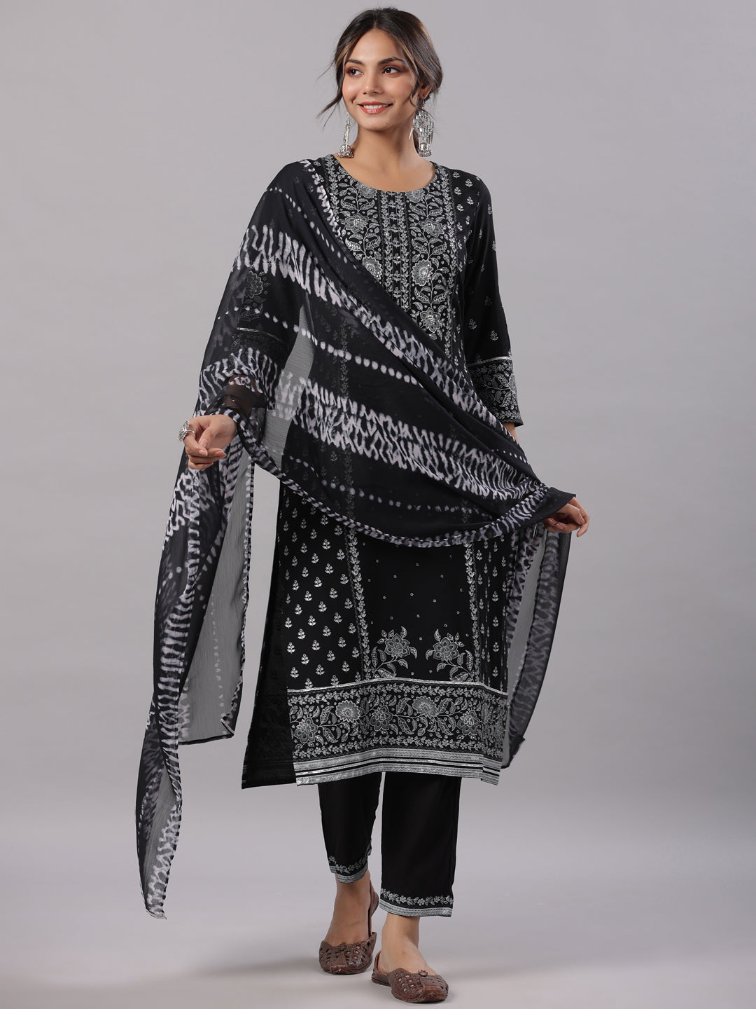 Juniper Women Black LIVA Kalamkari Printed Kurta, Pants and Dupatta Set