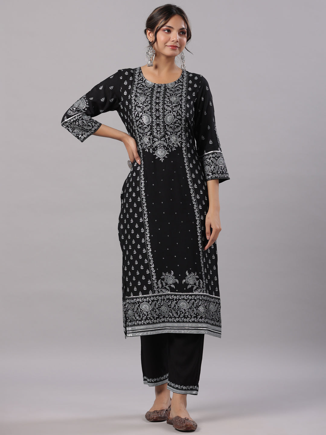 Juniper Women Black LIVA Kalamkari Printed Kurta, Pants and Dupatta Set