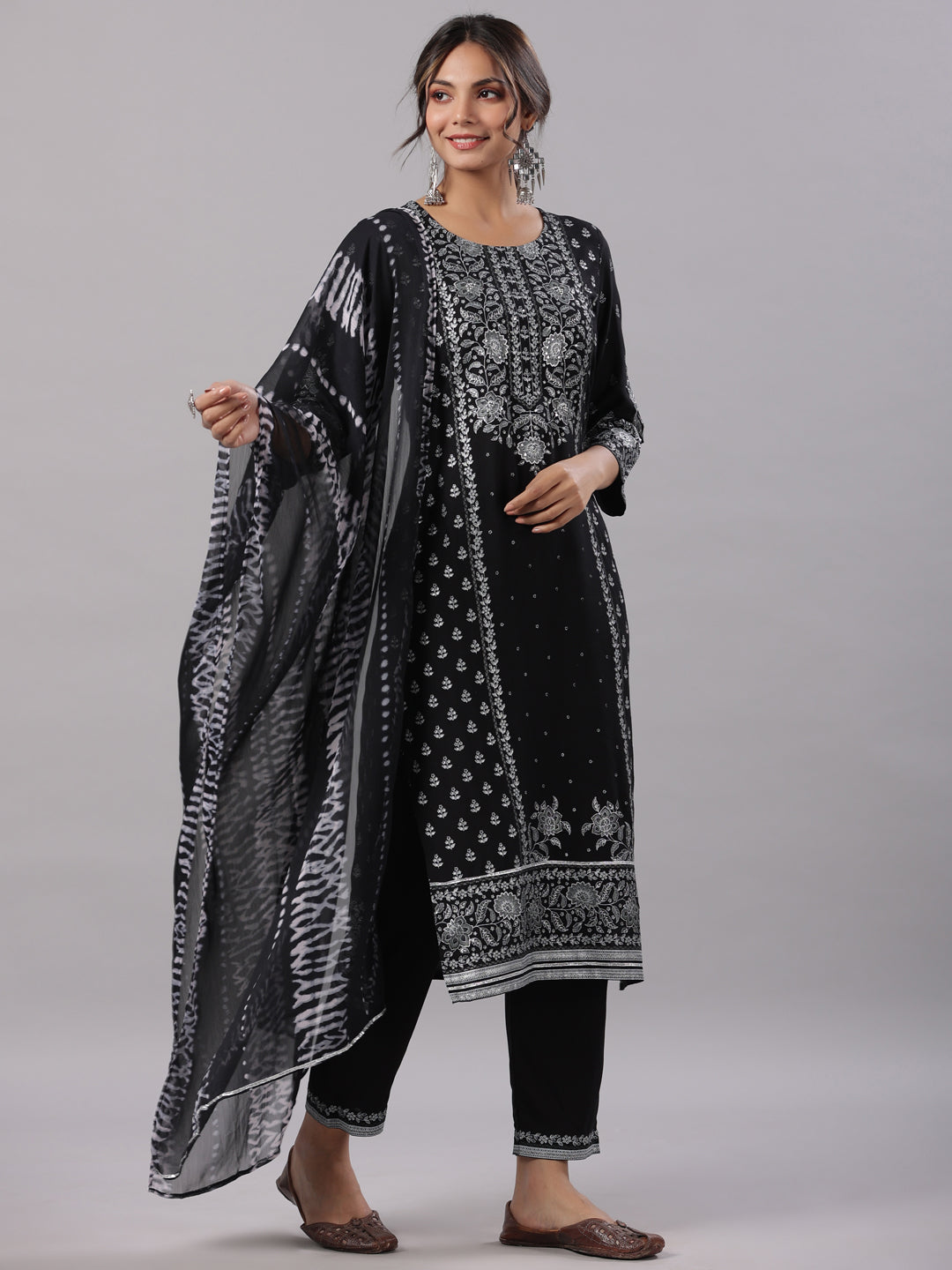 Juniper Women Black LIVA Kalamkari Printed Kurta, Pants and Dupatta Set
