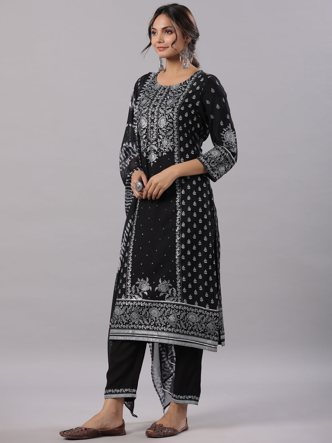Juniper Women Black LIVA Kalamkari Printed Kurta, Pants and Dupatta Set