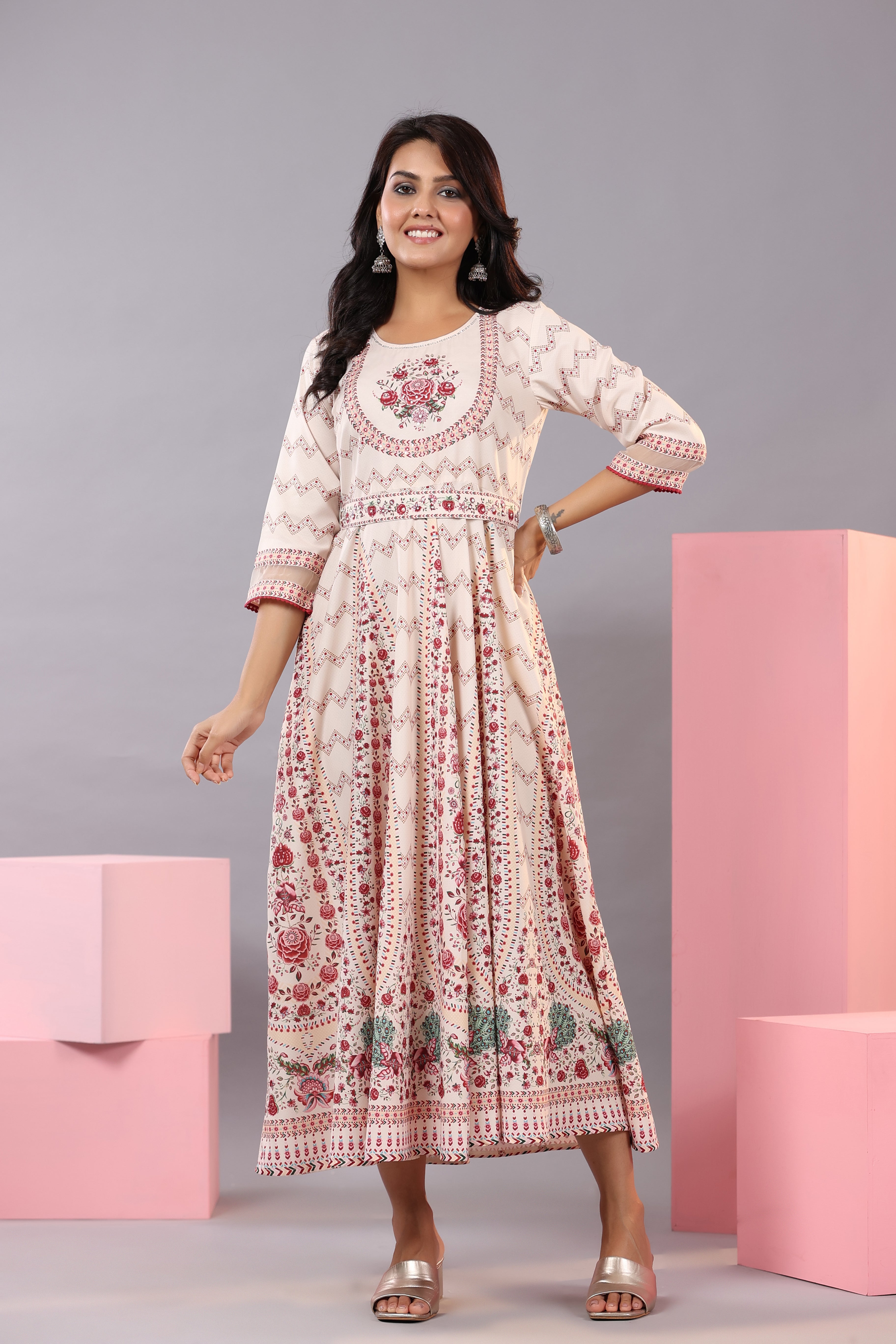 Juniper Women's Ecru Rayon Floral Printed Kurta and Dupatta Set