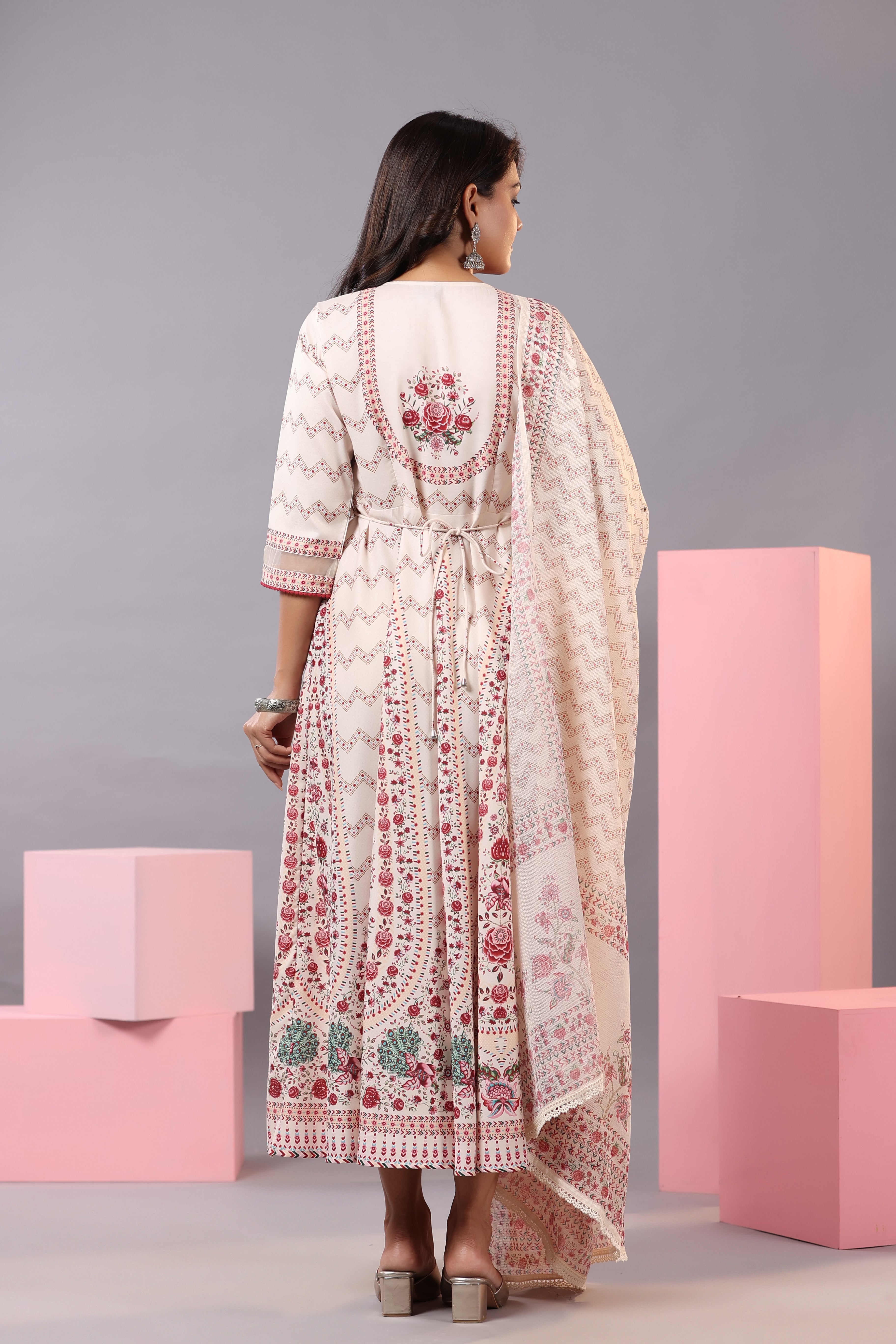 Juniper Women's Ecru Rayon Floral Printed Kurta and Dupatta Set