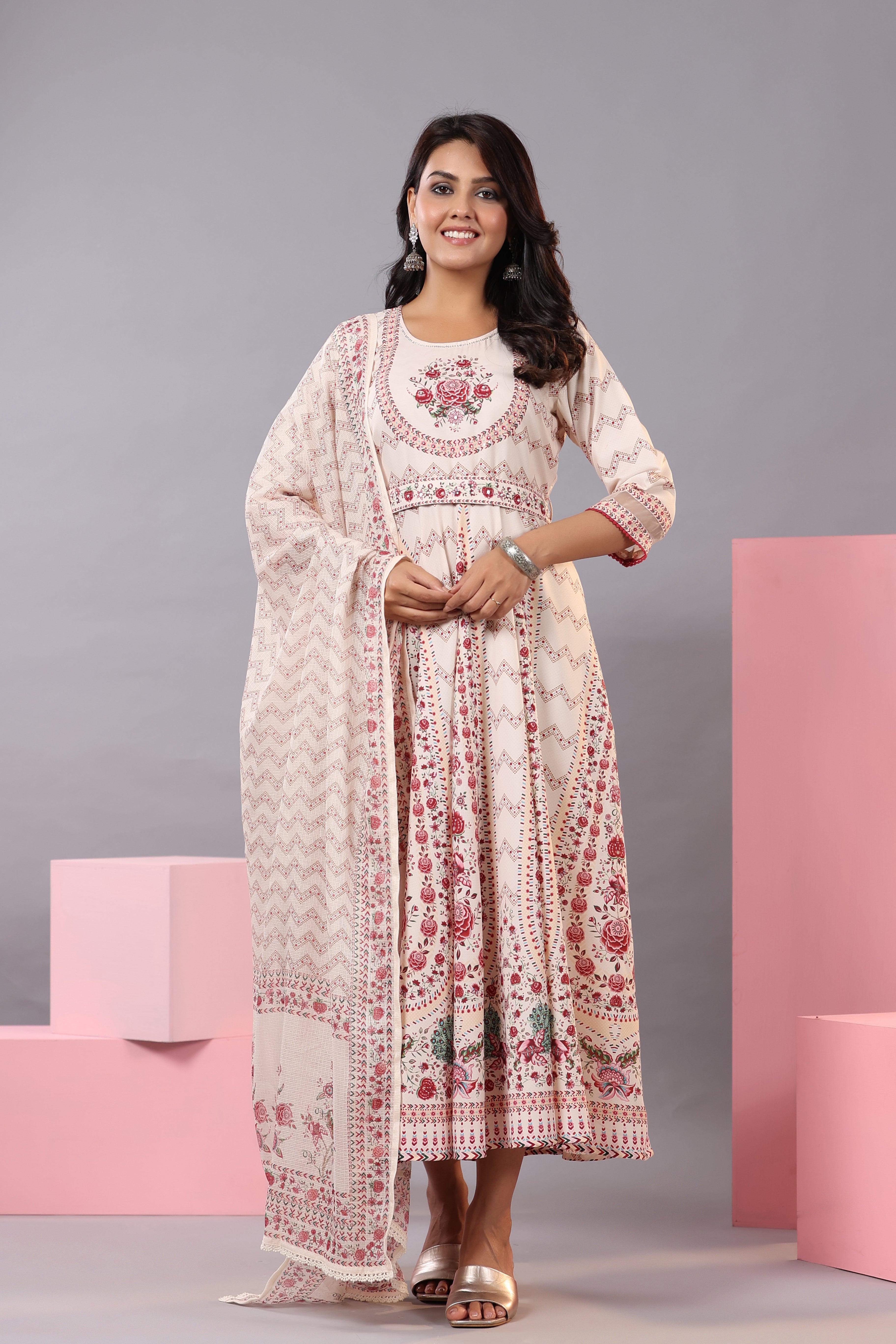 Juniper Women's Ecru Rayon Floral Printed Kurta and Dupatta Set