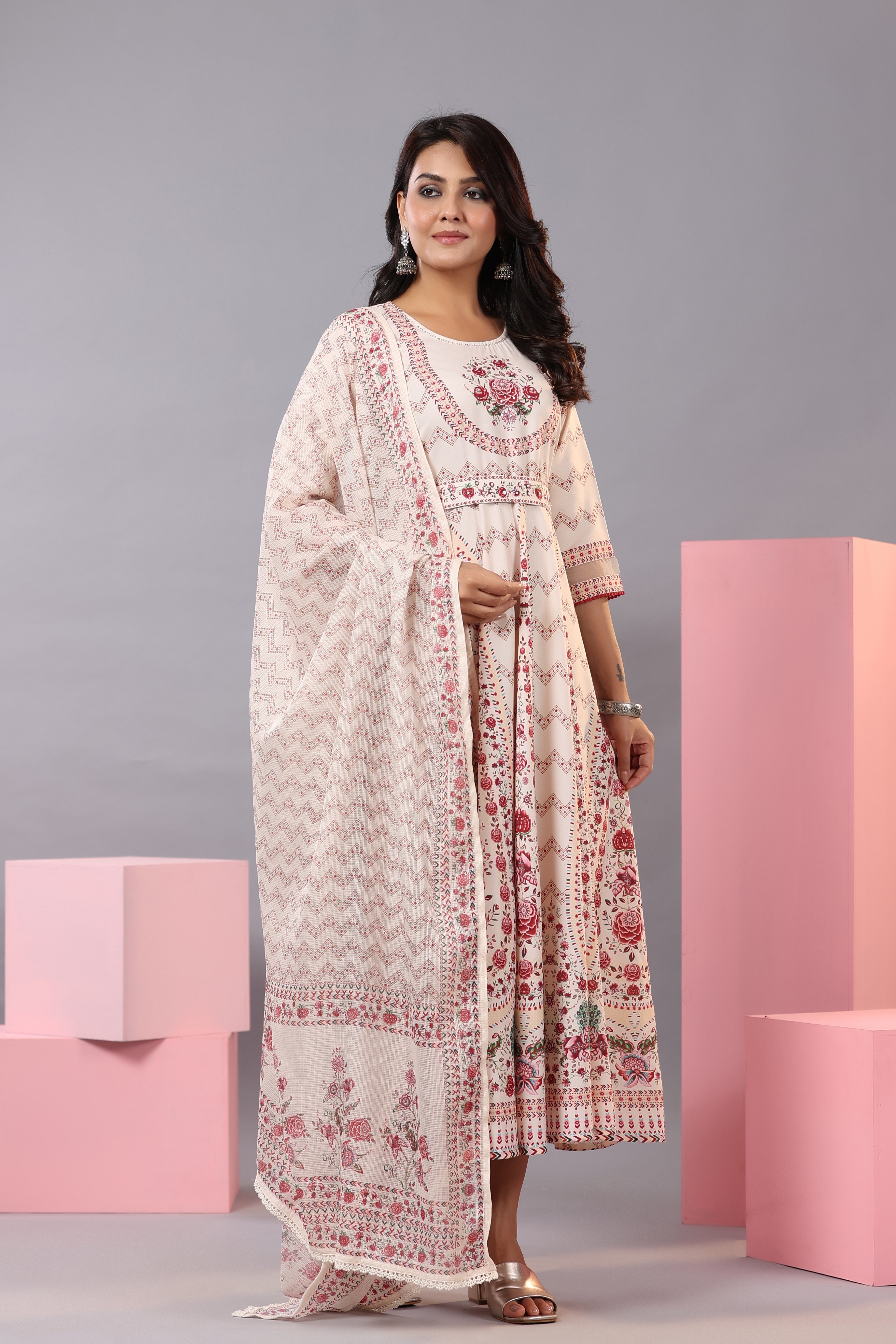 Juniper Women's Ecru Rayon Floral Printed Kurta and Dupatta Set