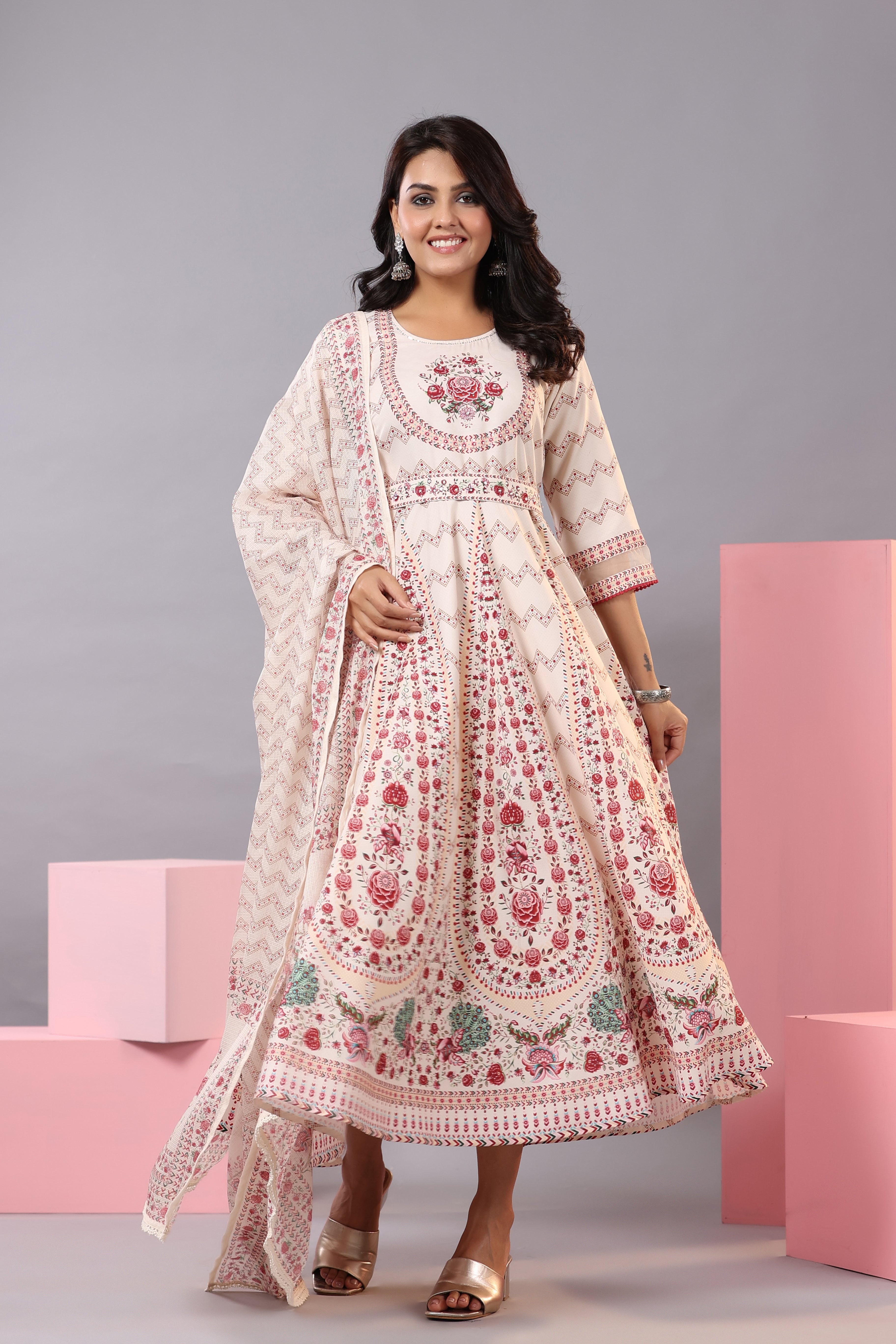 Juniper Women's Ecru Rayon Floral Printed Kurta and Dupatta Set