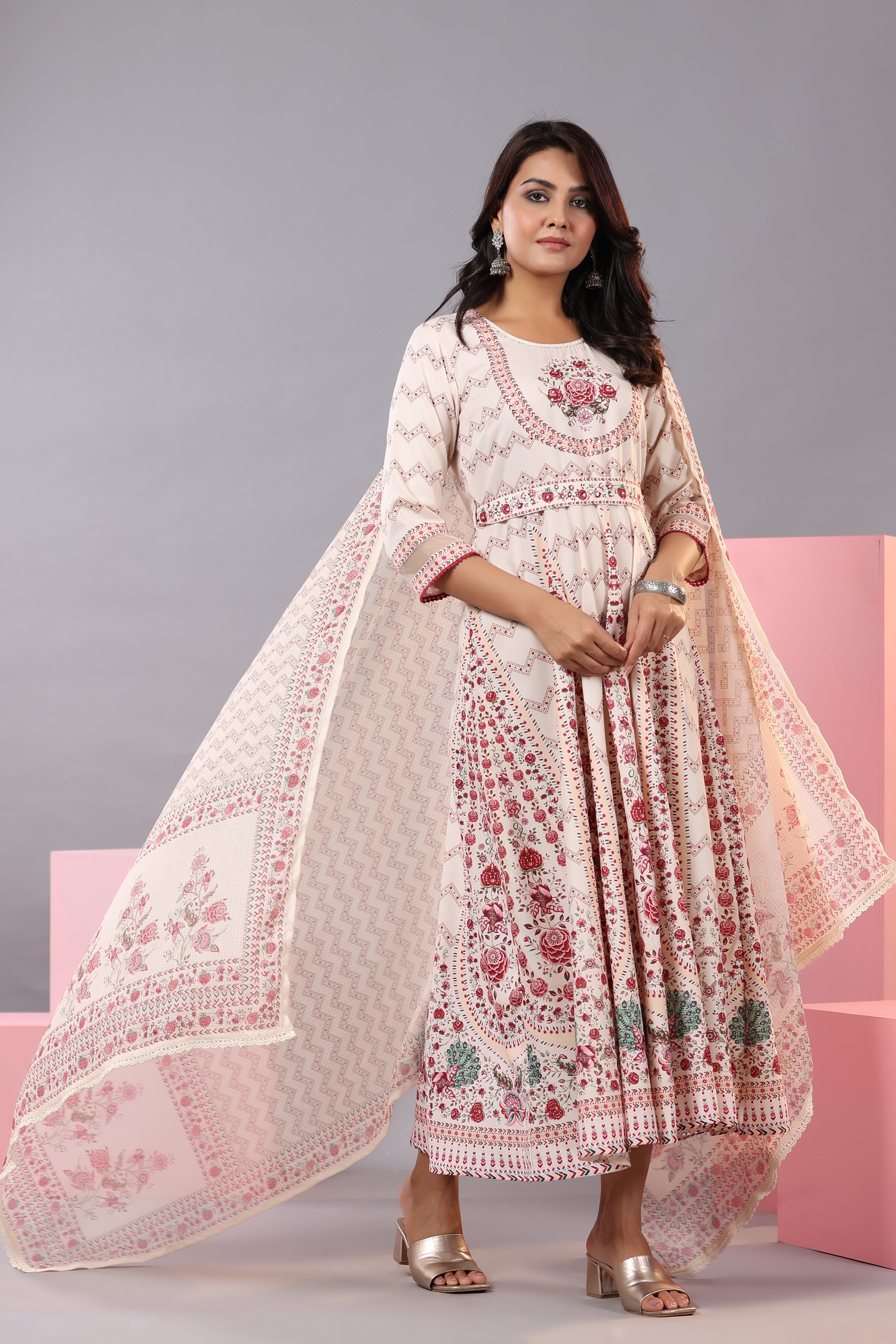Juniper Women's Ecru Rayon Floral Printed Kurta and Dupatta Set