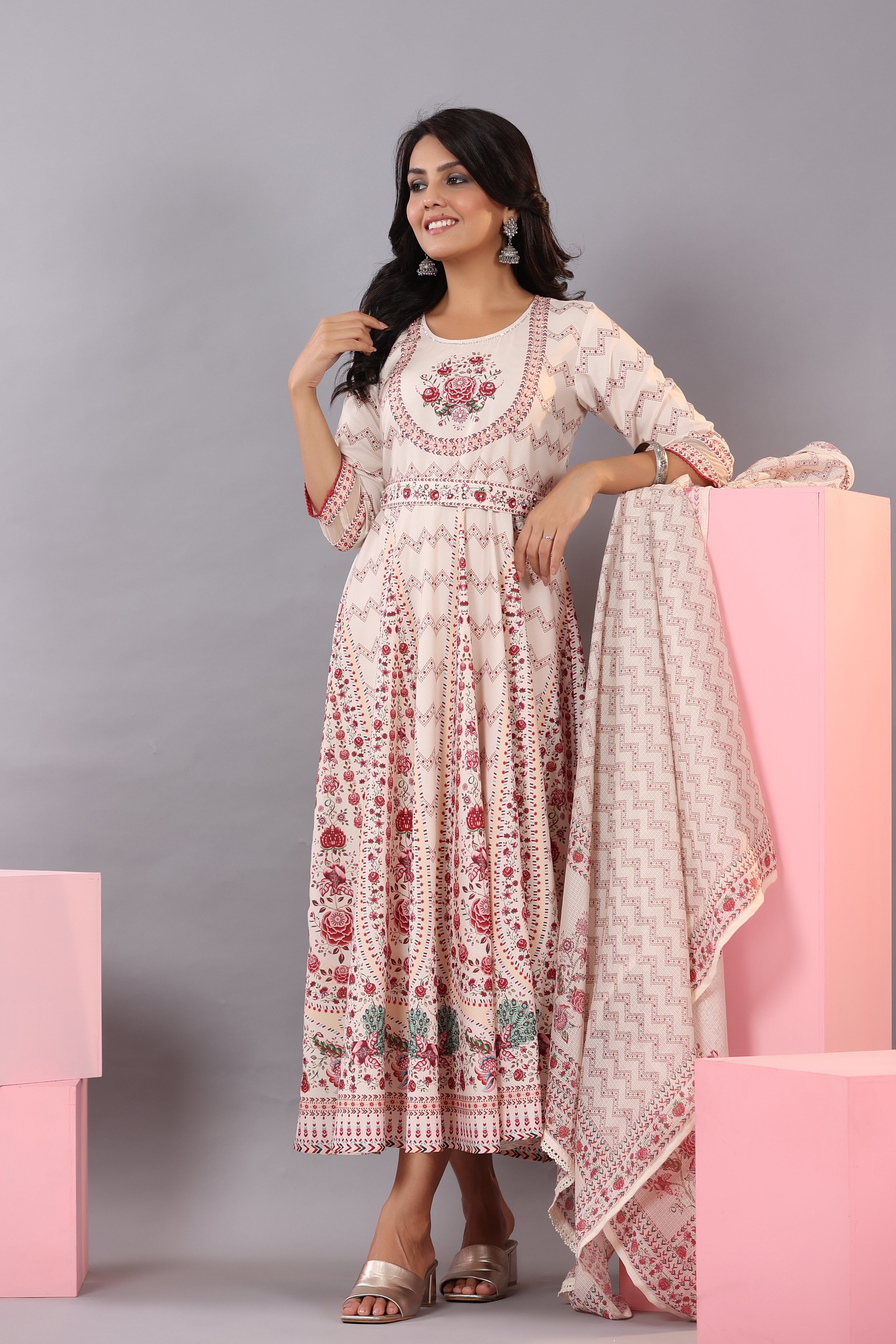 Juniper Women's Ecru Rayon Floral Printed Kurta and Dupatta Set