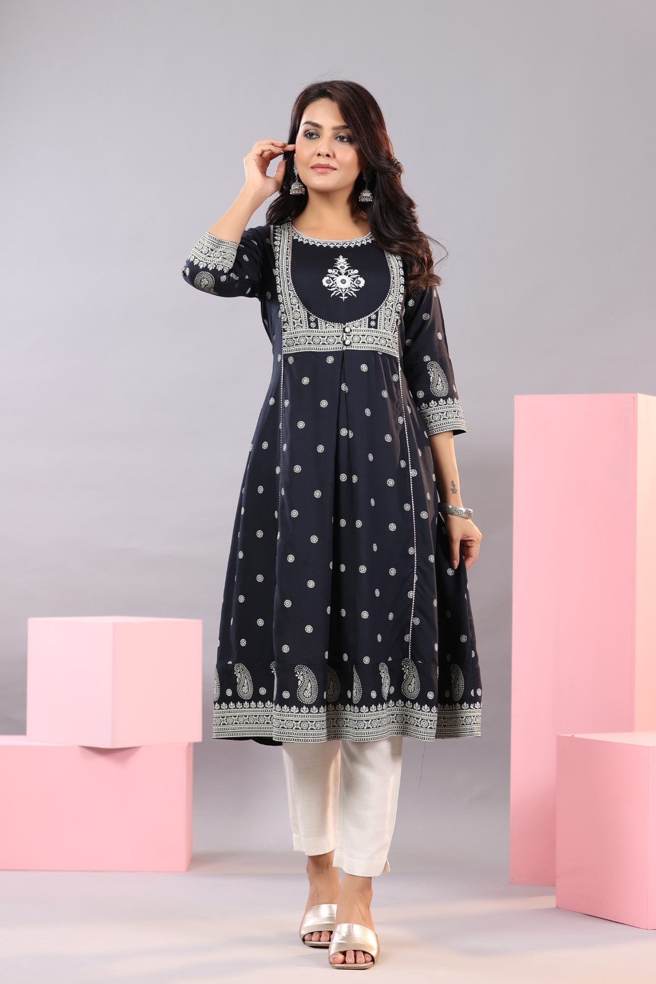 Juniper Women Indigo LIVA Rayon Printed A-Line Kurta