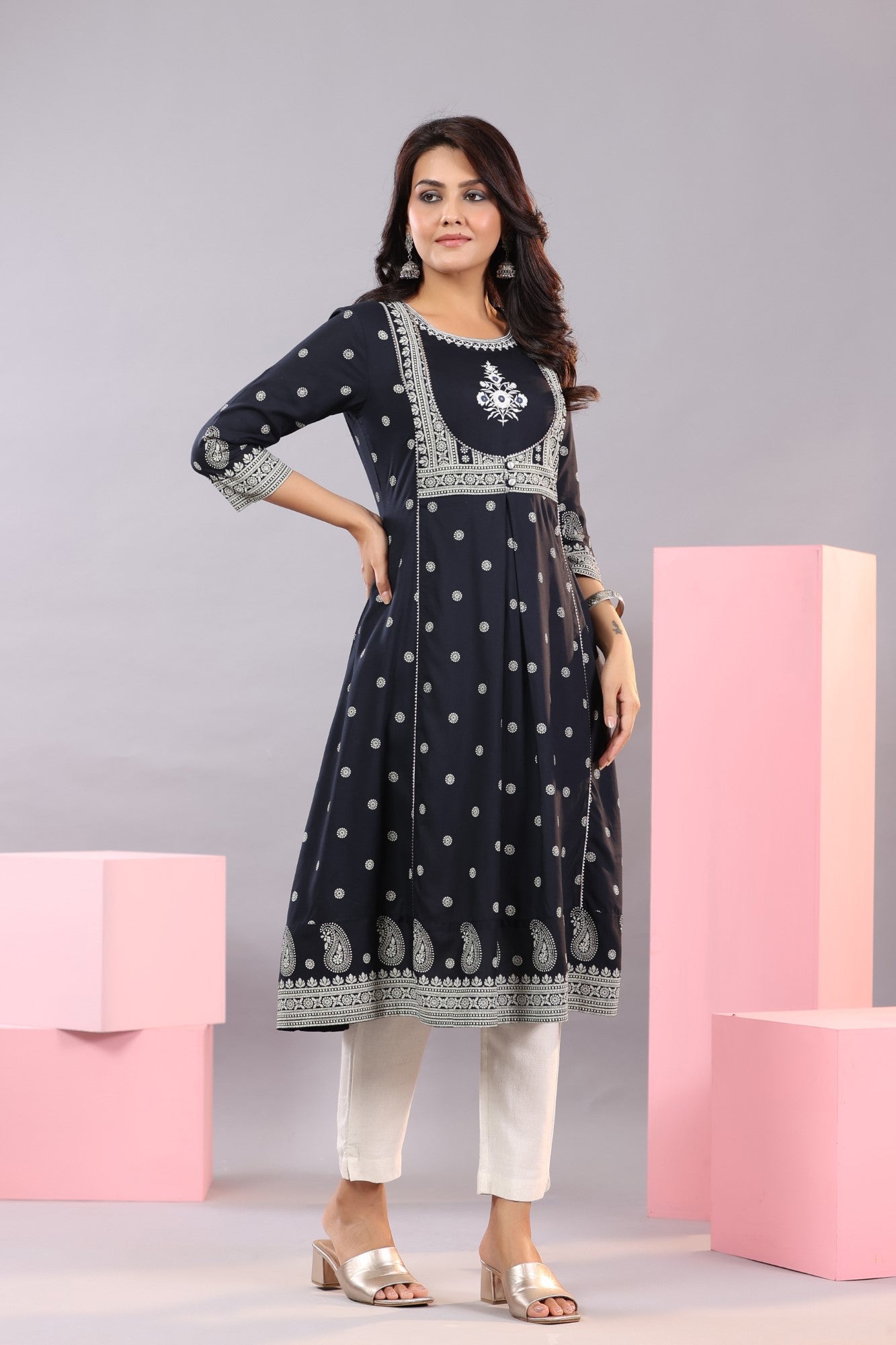 Juniper Women Indigo LIVA Printed A-Line Kurta