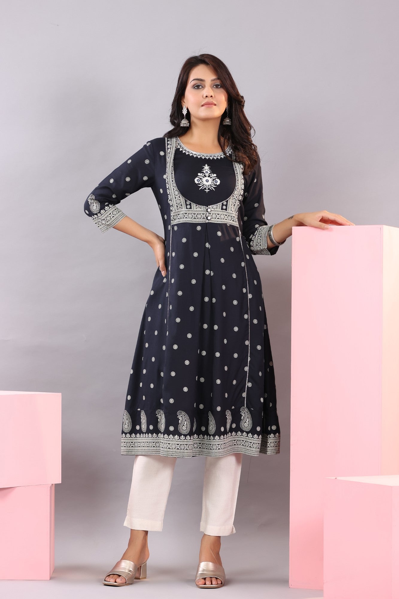 Juniper Women Indigo LIVA Printed A-Line Kurta