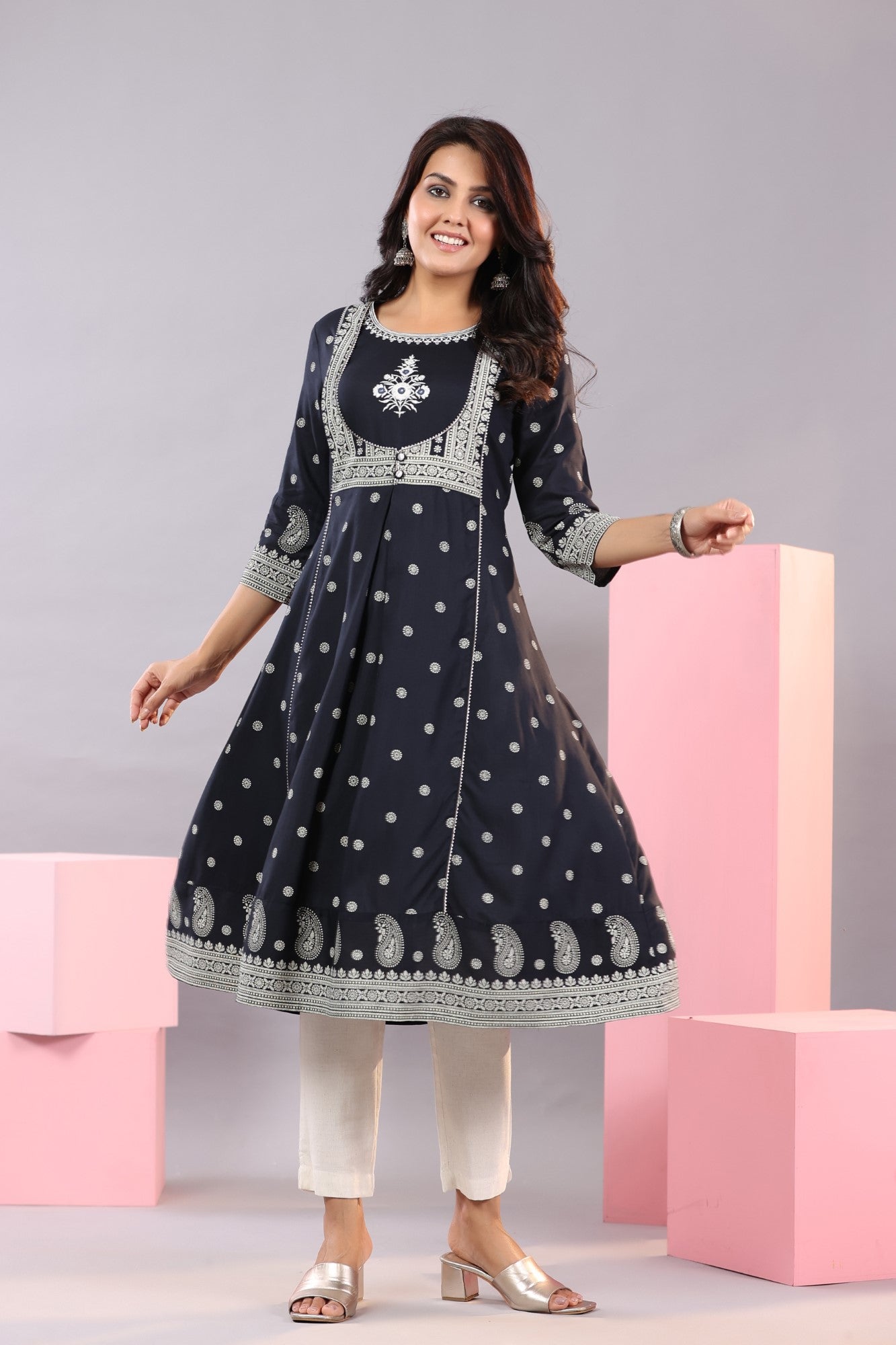 Juniper Women Indigo LIVA Printed A-Line Kurta