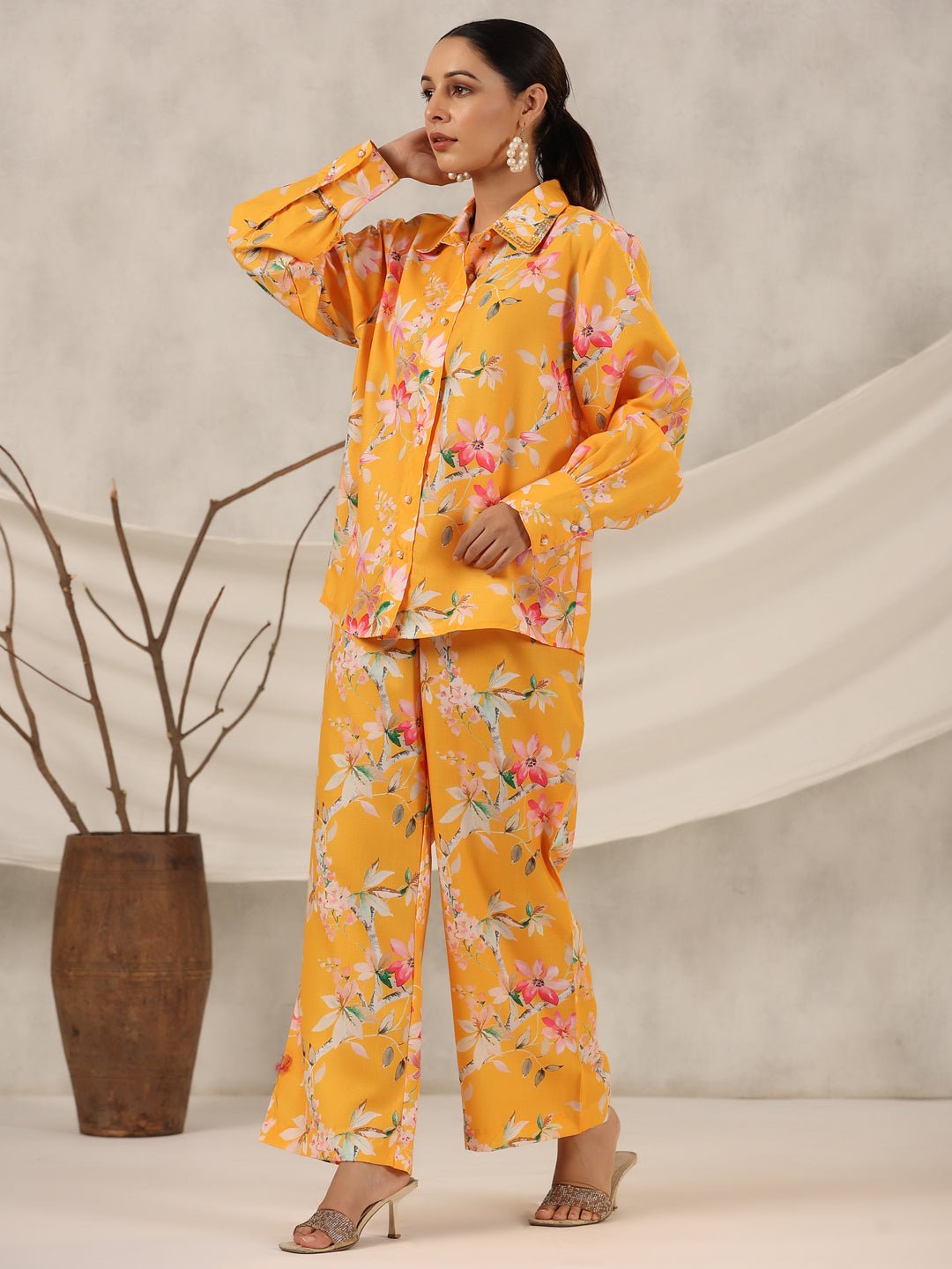 Juniper Women Orange Linen Printed Clothing Set