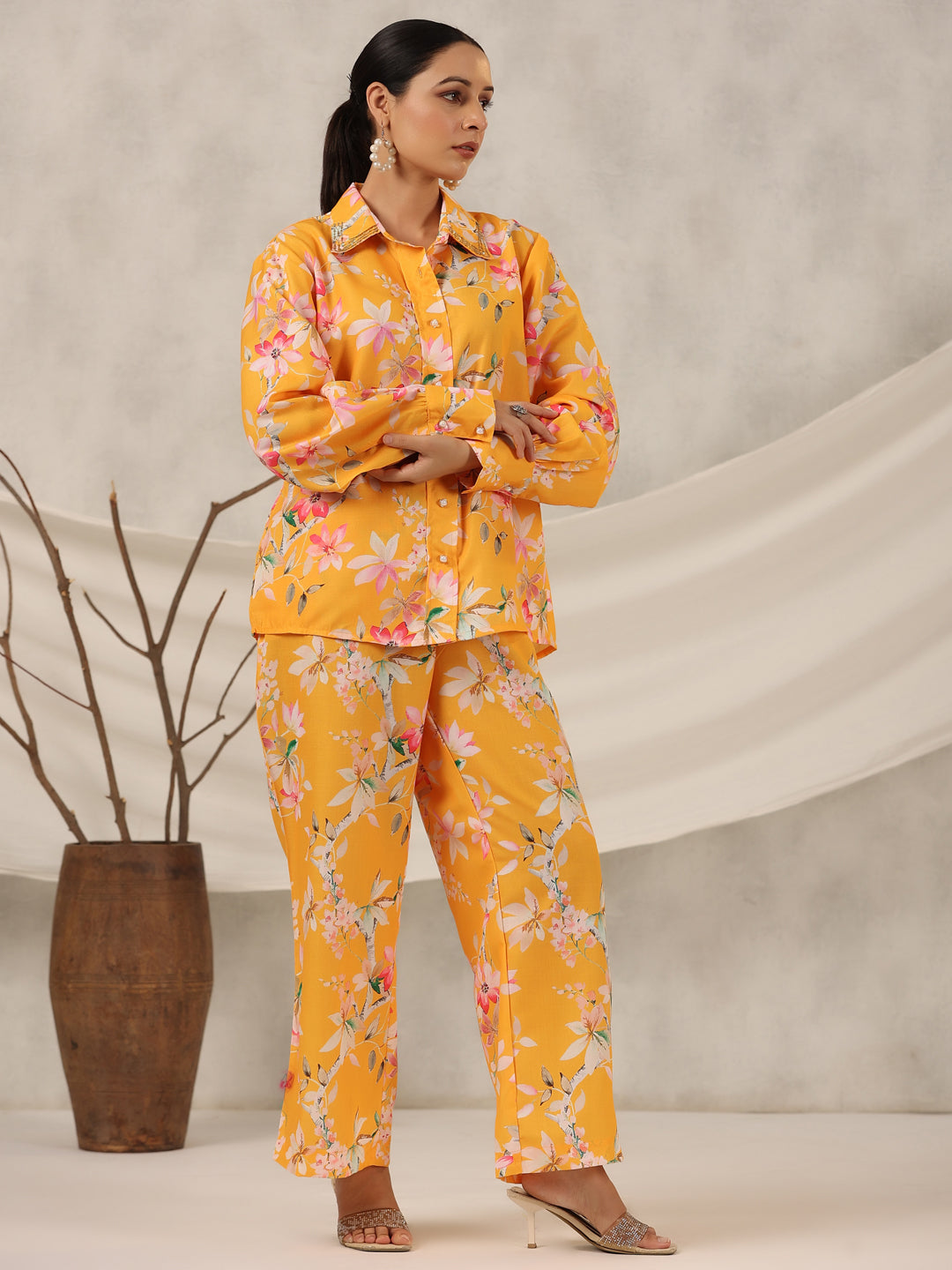 Juniper Women Orange Linen Printed Clothing Set