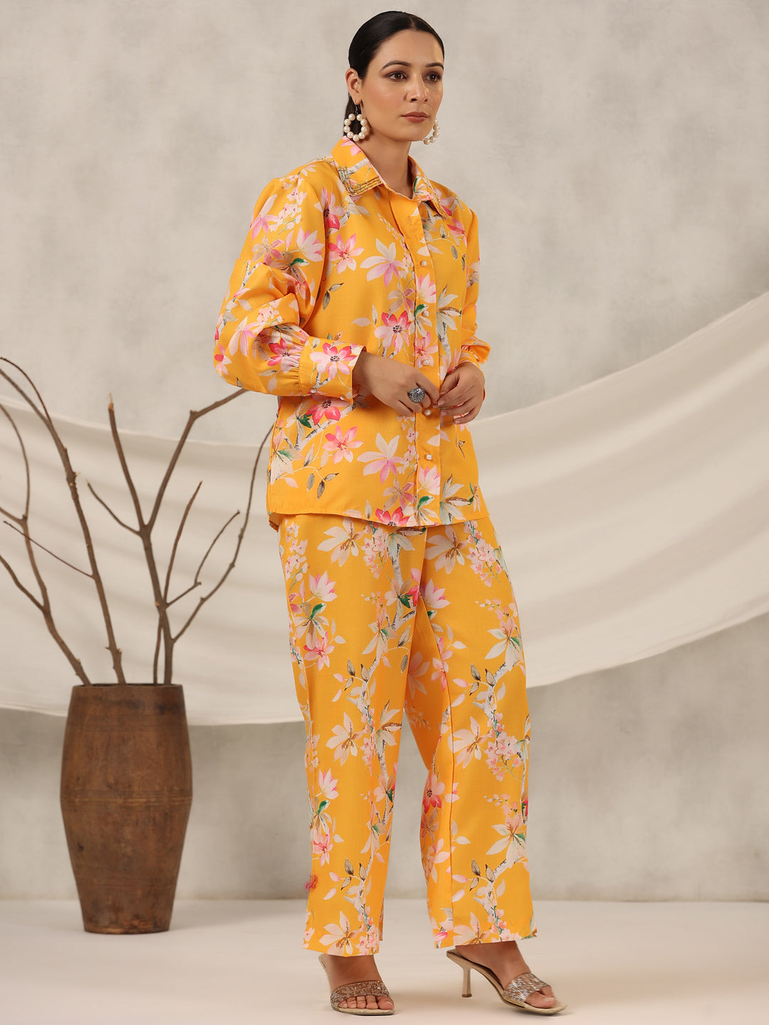 Juniper Women Orange Linen Printed Clothing Set