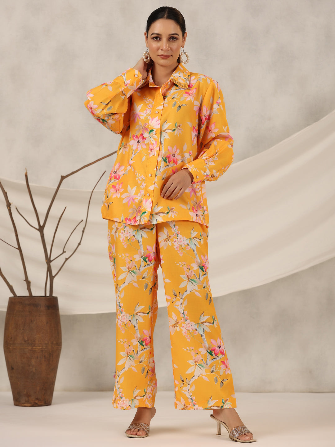 Juniper Women Orange Linen Printed Clothing Set