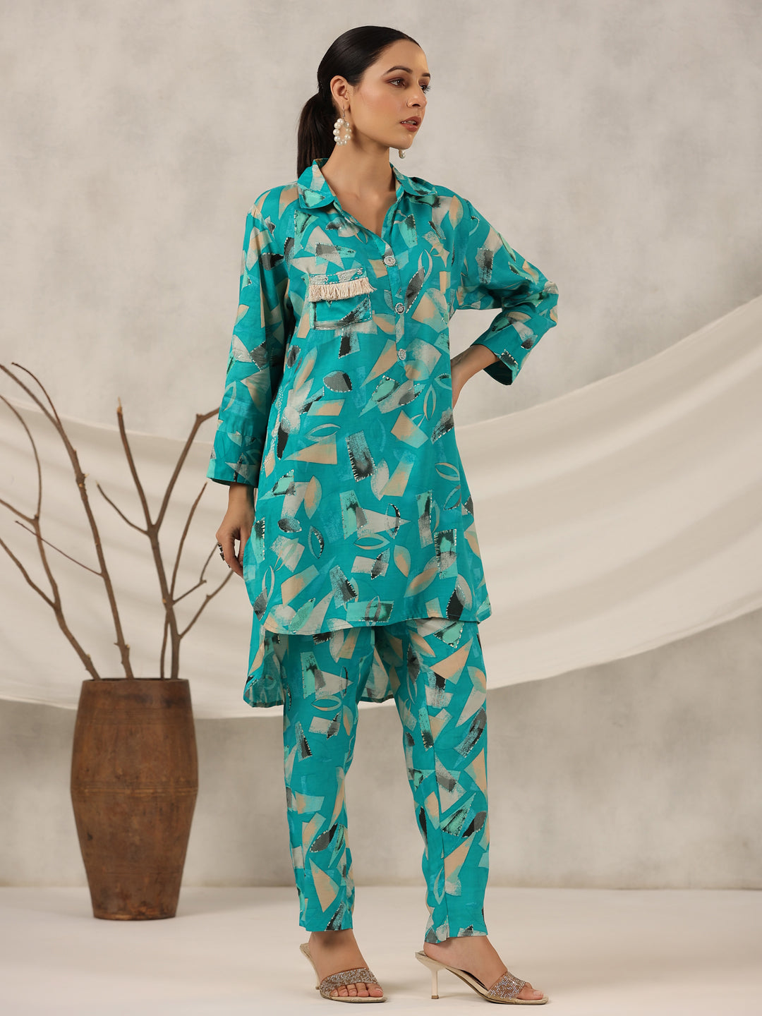 Juniper Women Turquoise Muslin Printed Clothing Set