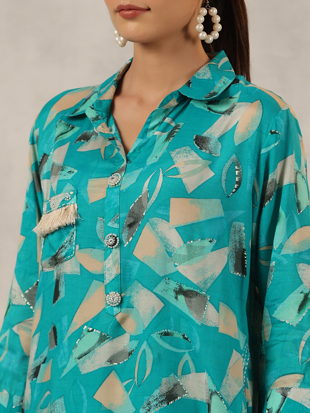 Juniper Women Turquoise Muslin Printed Clothing Set