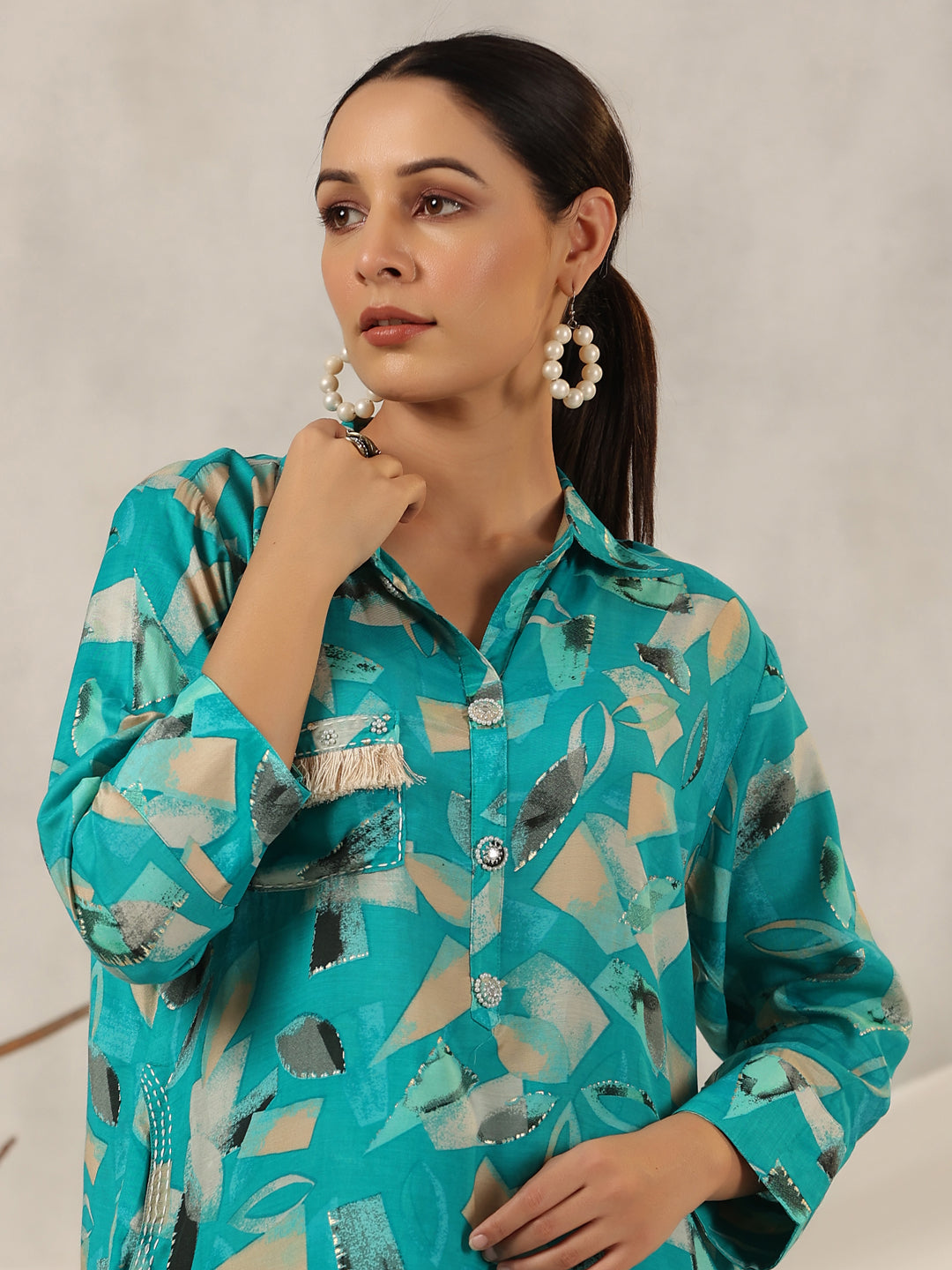 Juniper Women Turquoise Muslin Printed Clothing Set