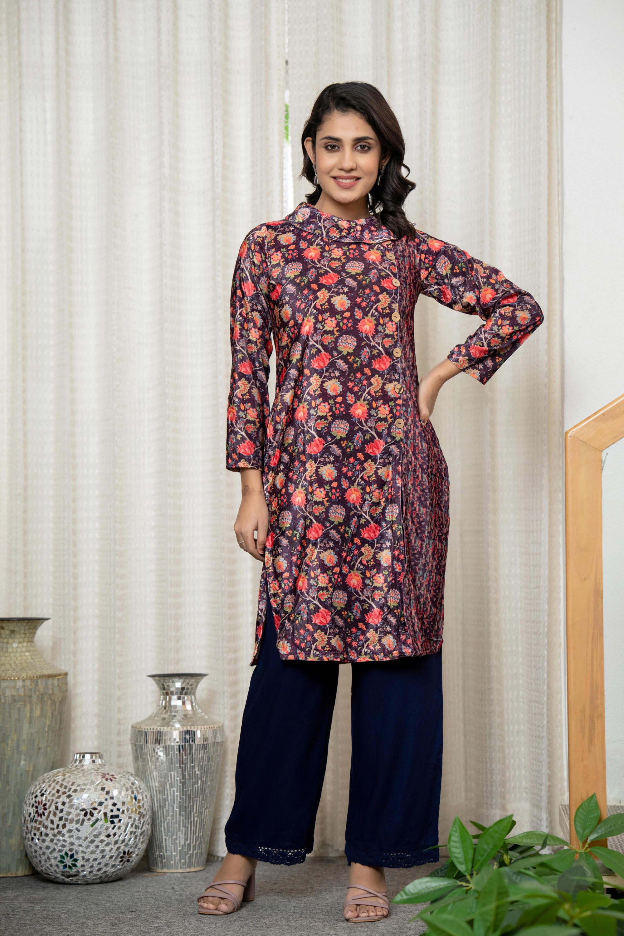 Multi Color Floral Printed Velvet Kurta With Buttons
